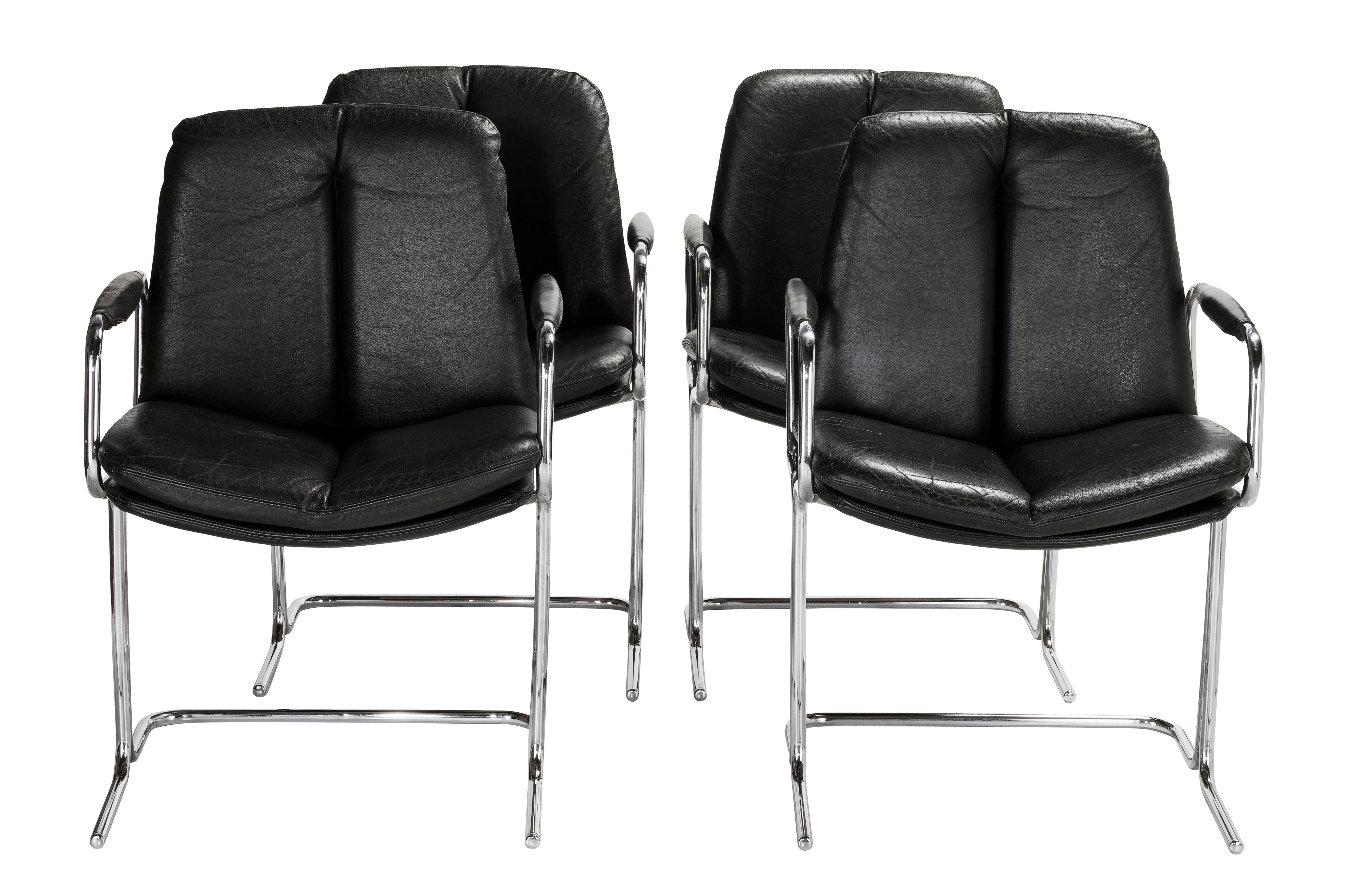 Set of 4 Pieff 'Eleganza' chrome steel and leather carver style chairs, manufactured in the late 1980s in England.
Pieff manufactured furniture from 1953-1983, when it closed at the height of the Industrial Recession in that year. Their furniture