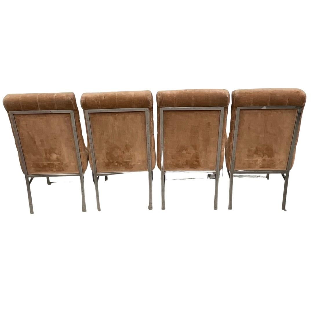 Pierre Cardin

Dillingham Manufacturing Co (Canada)

1970's

Set of 4 Chairs Designed by Pierre Cardin & Manufactured by Dillingham Manufacturing Company

Chrome Hardware with Original Caramel Tan Velvet Fabric

The Fabric shows some wear and a few