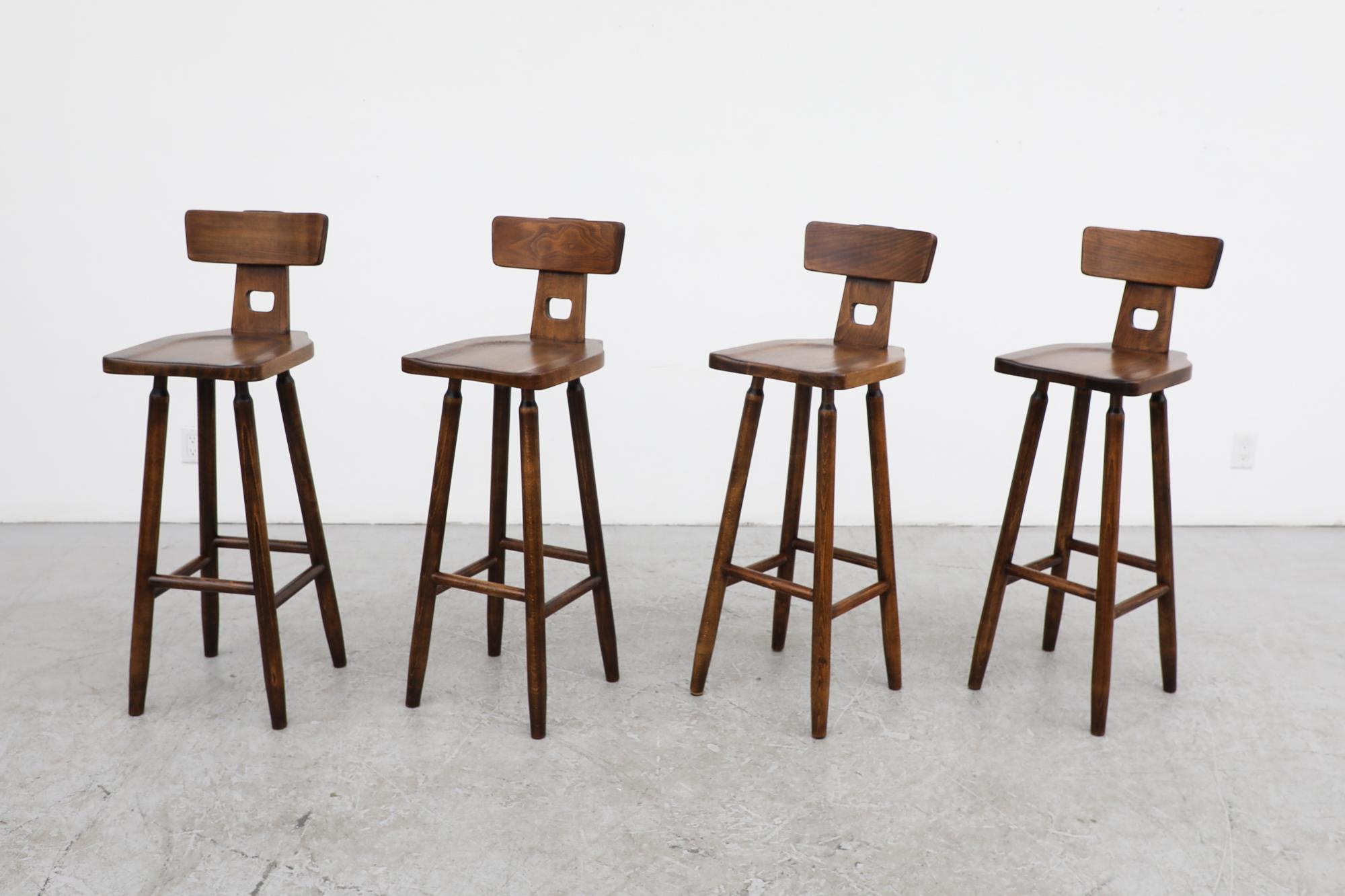 Mid-Century Modern Set of 4 Pierre Chapo Inspired Bar Stools with Small Handle Cut-Out