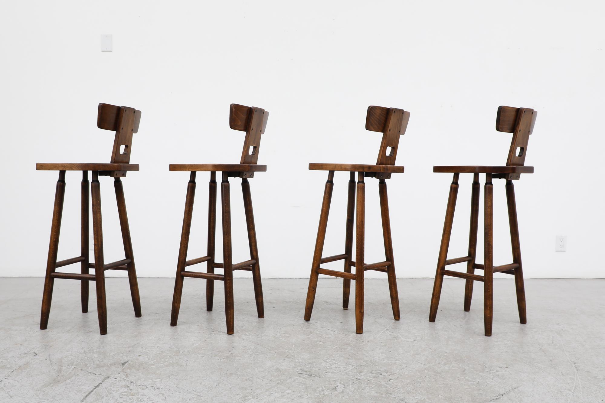 Set of 4 Pierre Chapo Inspired Bar Stools with Small Handle Cut-Out In Good Condition In Los Angeles, CA