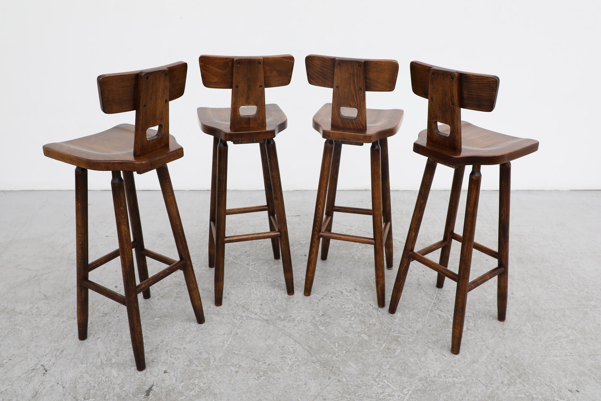 Oak Set of 4 Pierre Chapo Inspired Bar Stools with Small Handle Cut-Out