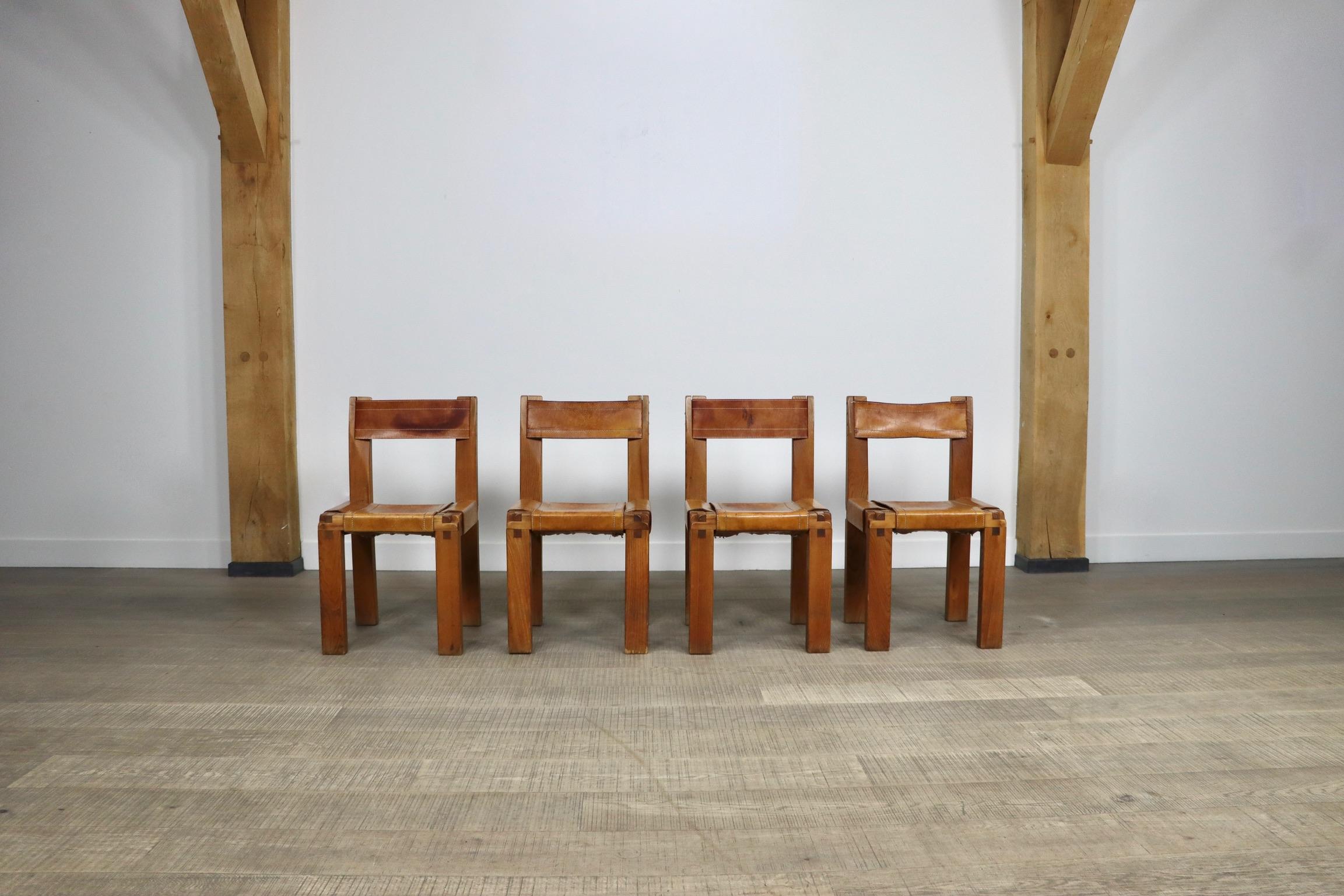 Leather Set of 4 Pierre Chapo S11 Dining Chairs, France, 1960s