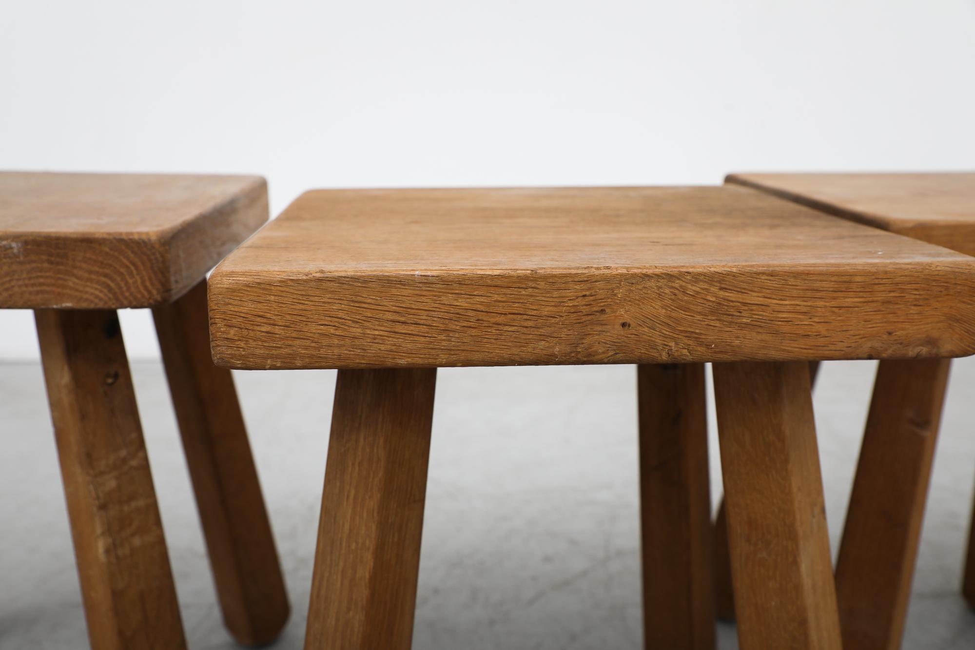 Set of 4 Pierre Chapo Style Heavy Oak Stools In Good Condition For Sale In Los Angeles, CA