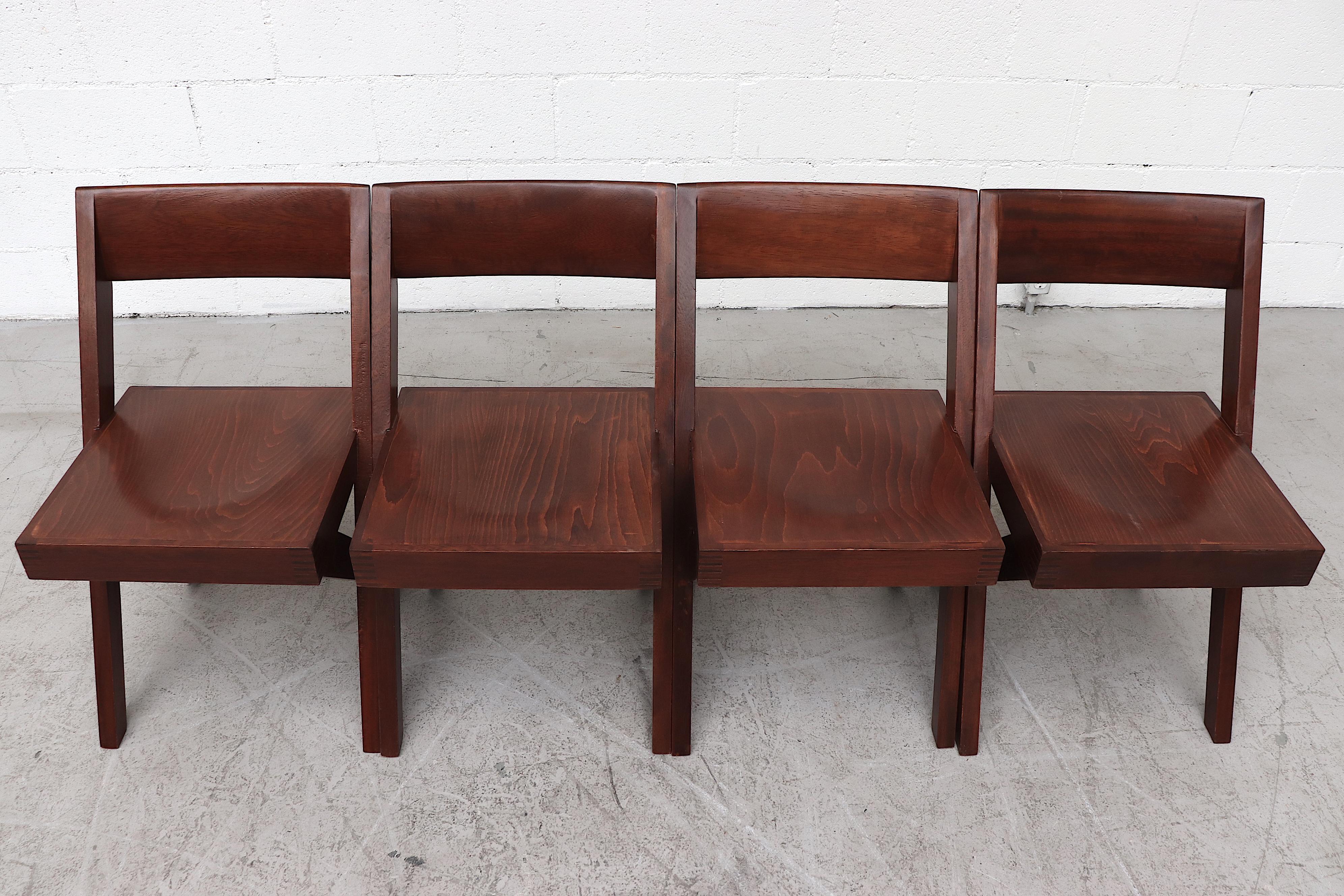 Midcentury Pierre Jeanneret style teak wood dining chairs. Lightly refinished in overall good condition with some visible wear and scratching consistent with age and use. Set price.