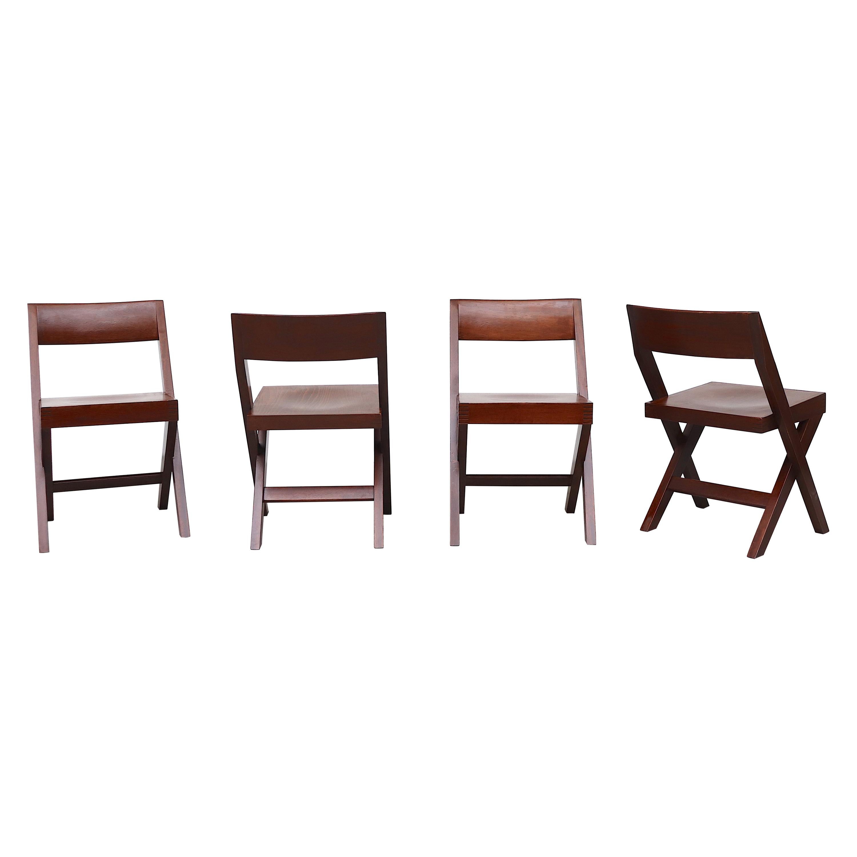 Set of 4 Pierre Jeanneret Style Wood Dining Chairs