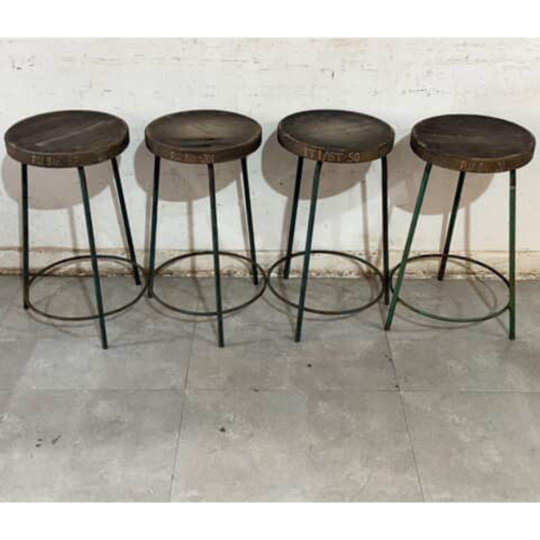 Set of 4 Pierre Jeanneret Teak and Iron Stools PJ-SI-57-A, Chandigarh, 1952 For Sale 3