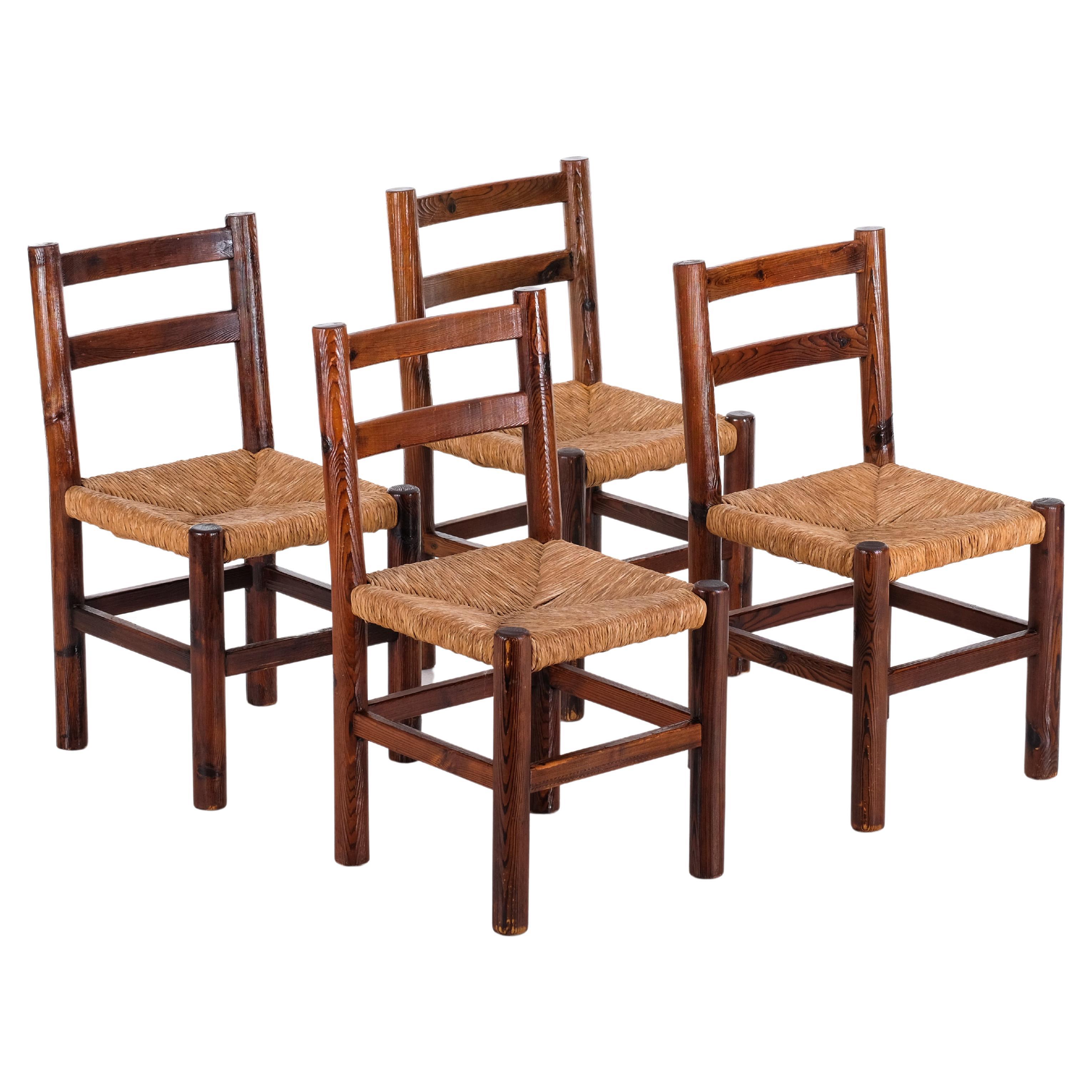Set of 4 pine chairs, 1960s For Sale