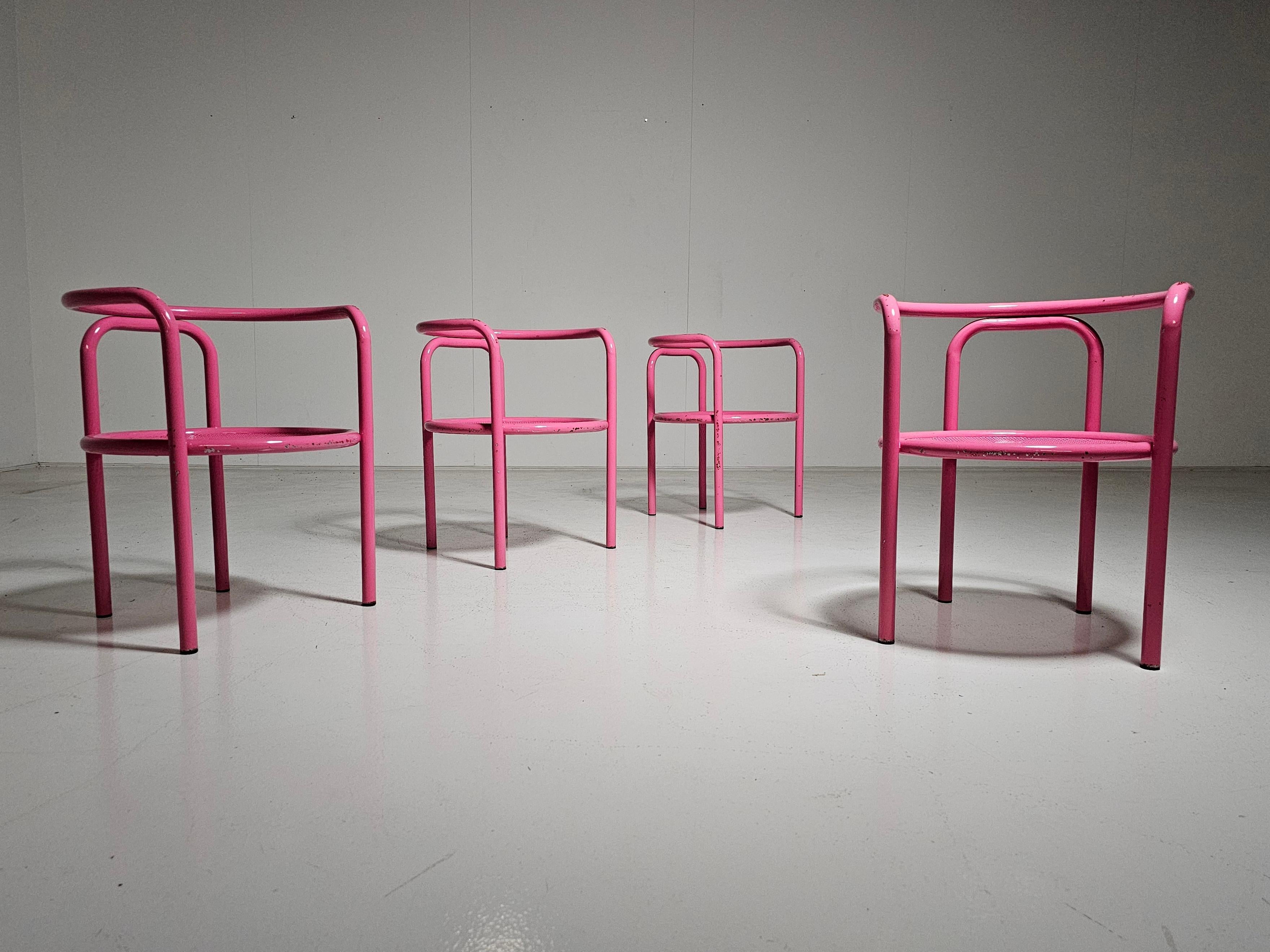Acciaio Set di 4 sedie Locus Solus rosa di Gae Aulenti per Poltronova, anni '60 in vendita