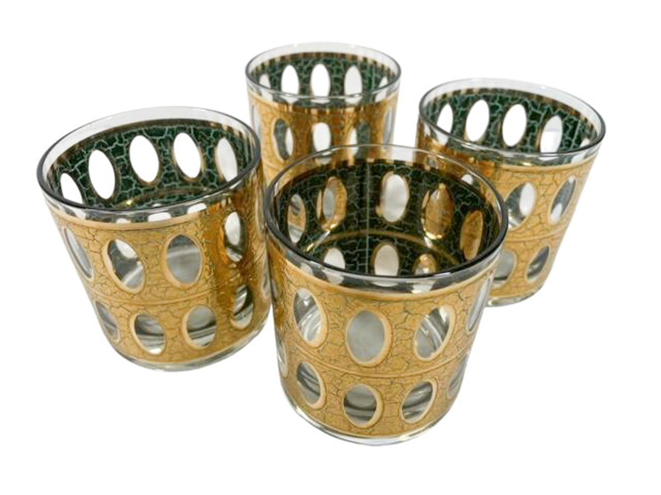 20ième siècle Ensemble de 4 verres Pisa Rocks avec or craquelé sur émail vert par Culver LTD en vente