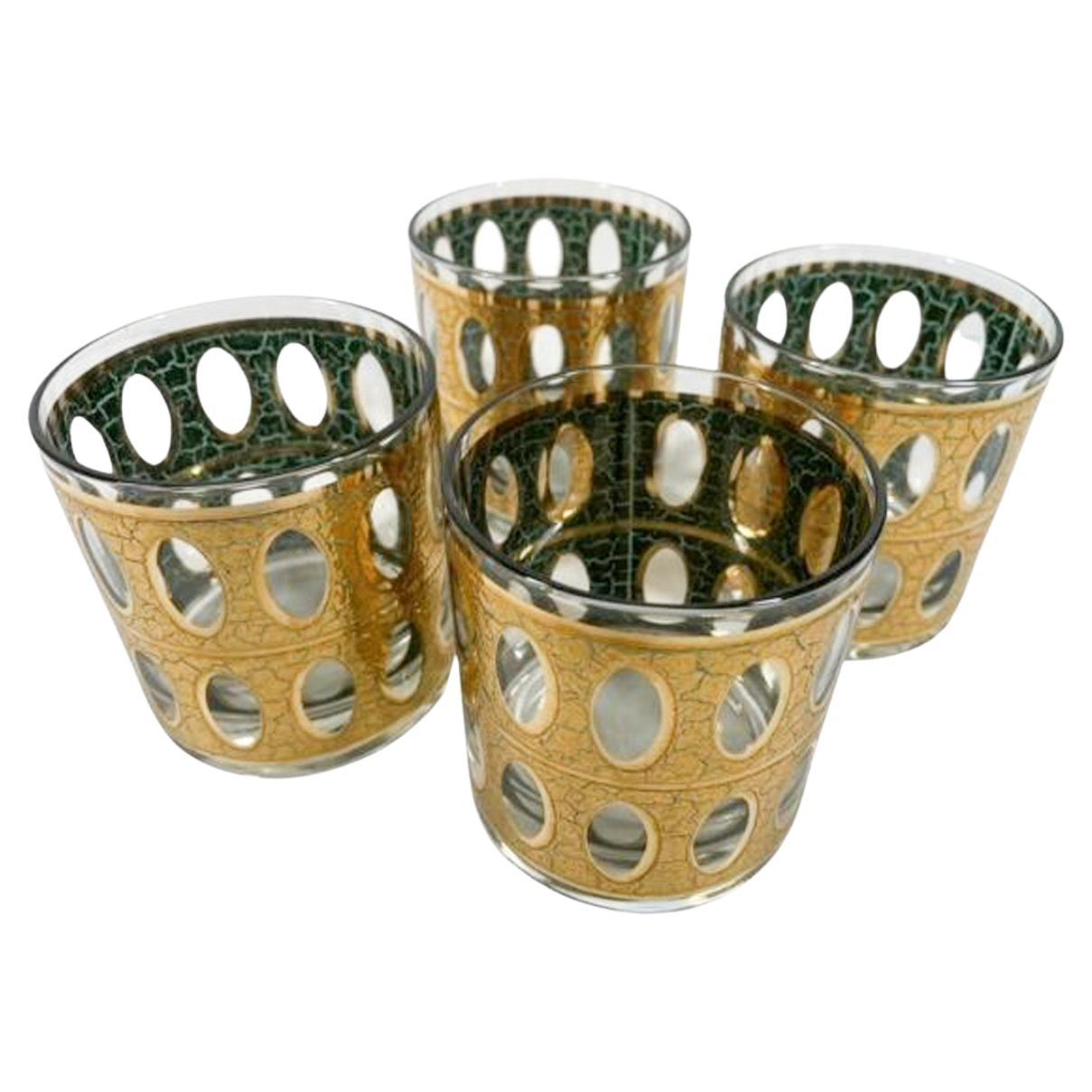 Juego de 4 Vasos Pisa Rocks con Oro Craquelado sobre Esmalte Verde de Culver LTD