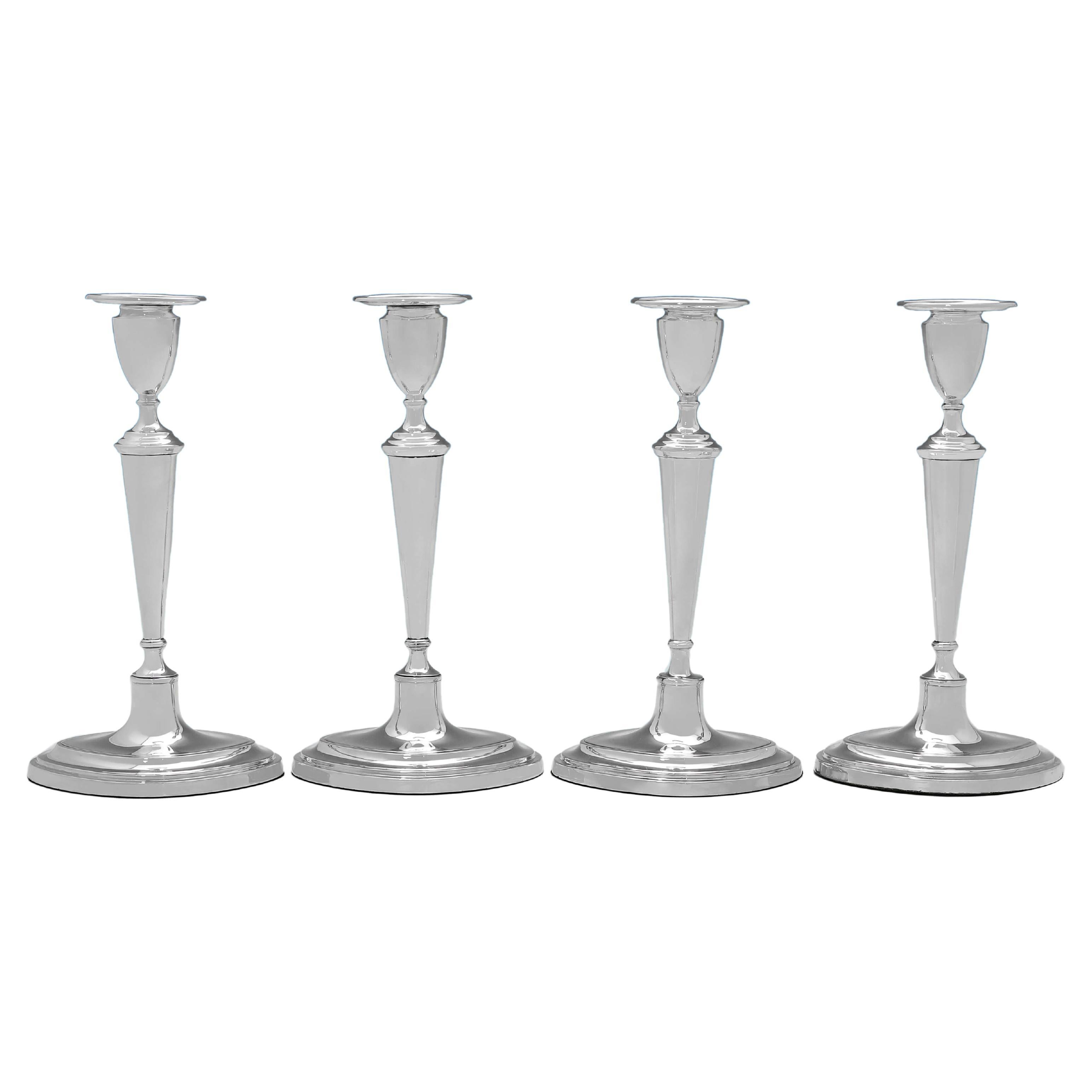 Set of 4 Plain Oval Antique Sterling Silver Candlesticks - Sheffield 1913  For Sale