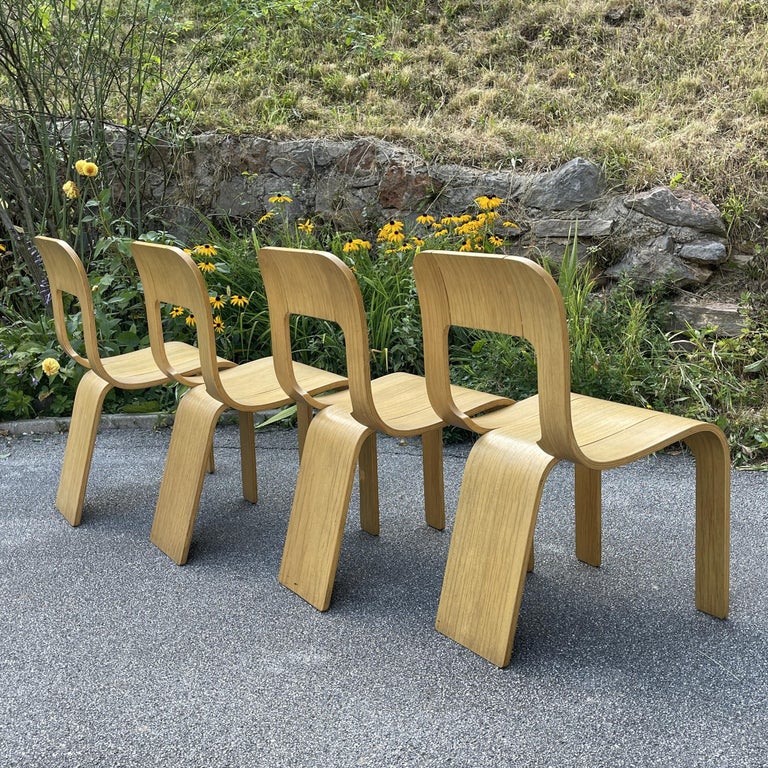 Mid-Century Modern Set of 4 Plywood Dining Chairs Esse by Gigi Sabadin for Stilwood Italy 1973s For Sale
