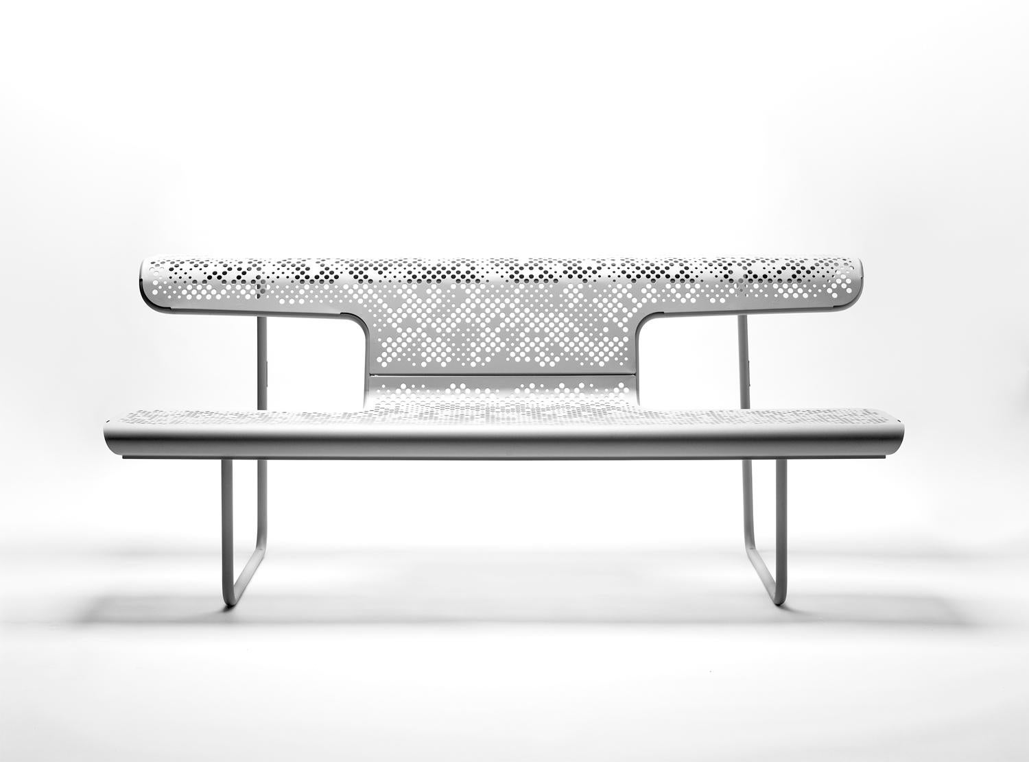 Spanish Set of 4 Poeta outdoor industrial benches in perforated steel silver grey  For Sale