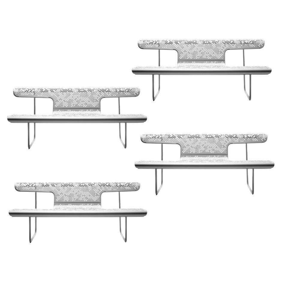 Set of 4 Poeta outdoor industrial benches in perforated steel silver grey 
