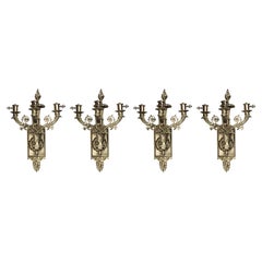Antique Set of 4 Polished Bronze 3 Light Sconces