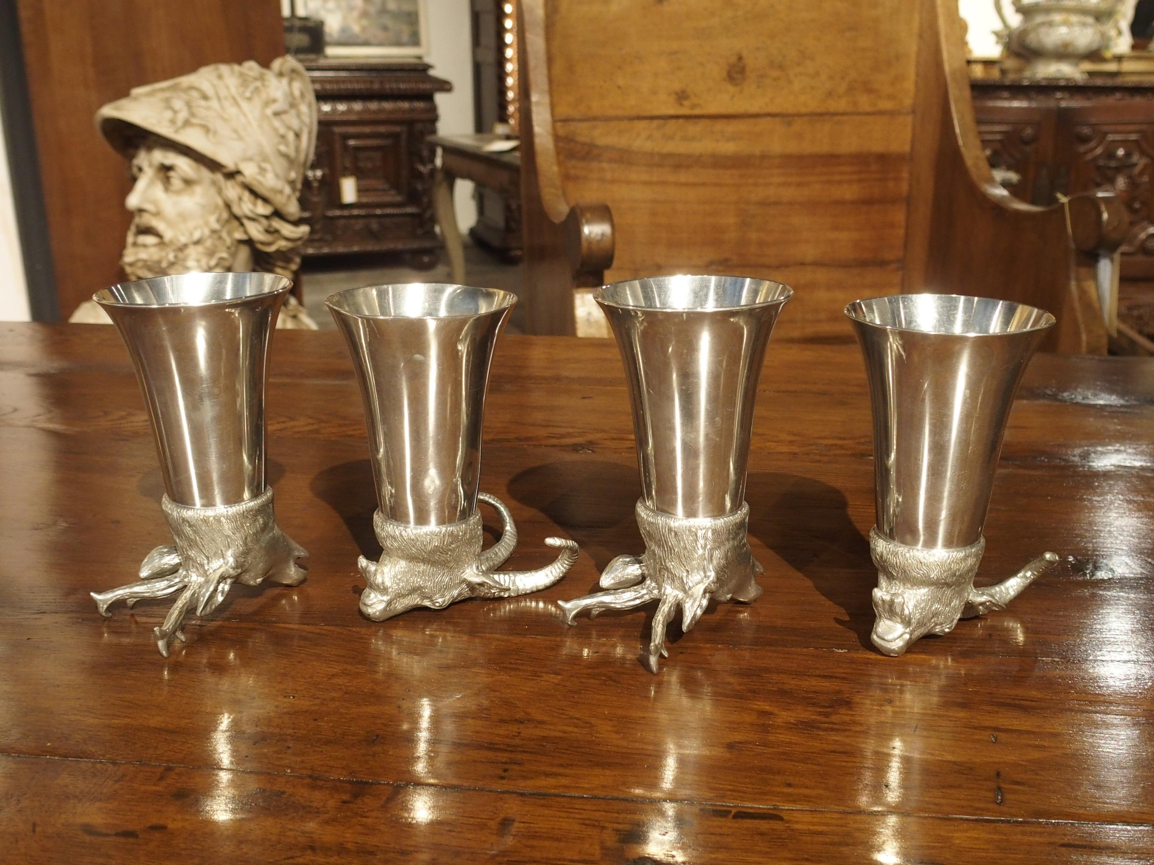 Set of 4 Polished Pewter Stag and Ibex Stirrup Cups with Ice Bucket 6