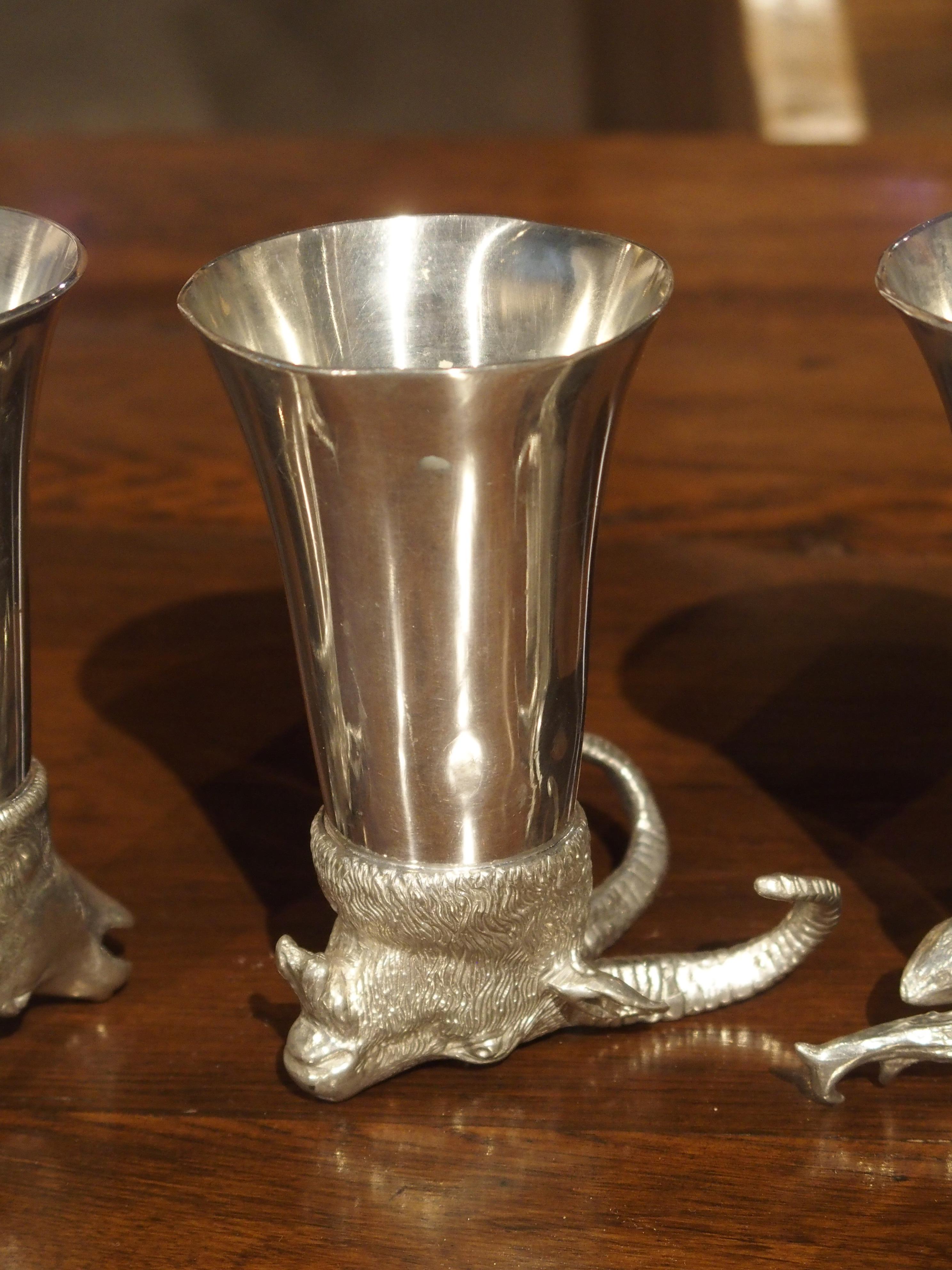 Set of 4 Polished Pewter Stag and Ibex Stirrup Cups with Ice Bucket 9