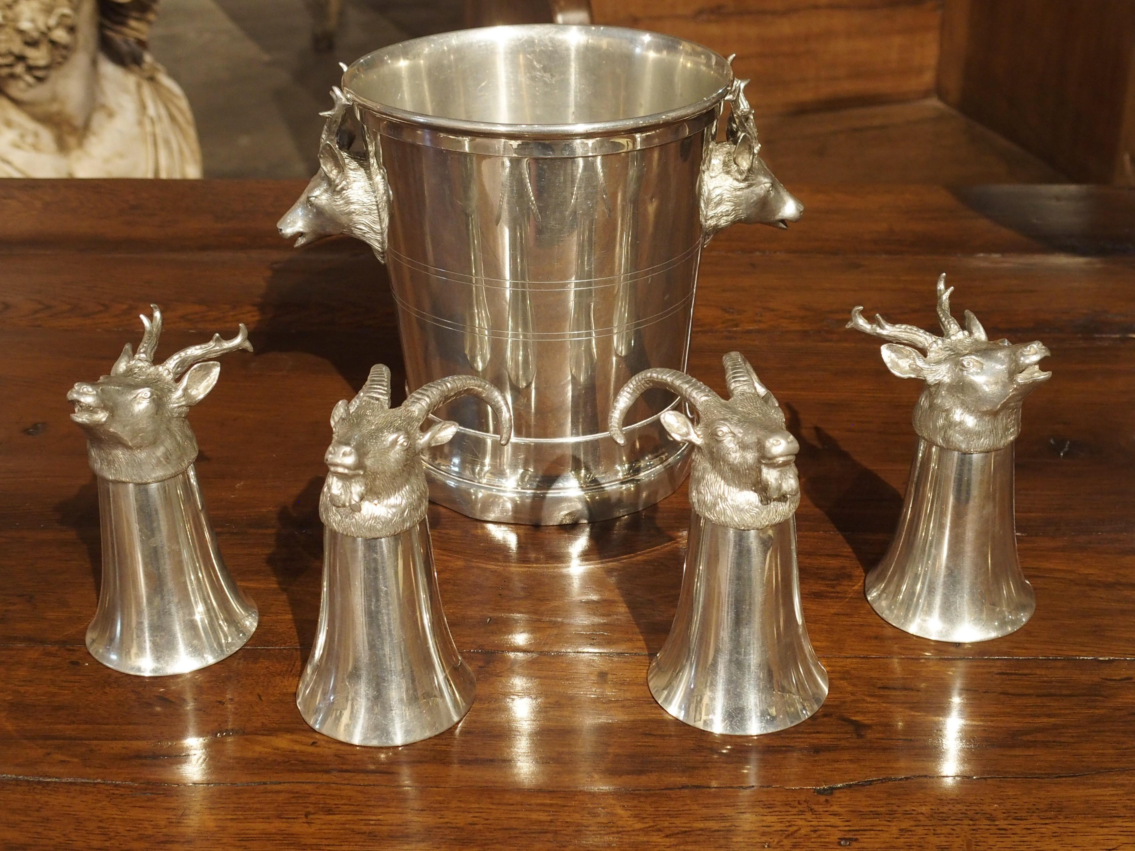 Set of 4 Polished Pewter Stag and Ibex Stirrup Cups with Ice Bucket 11