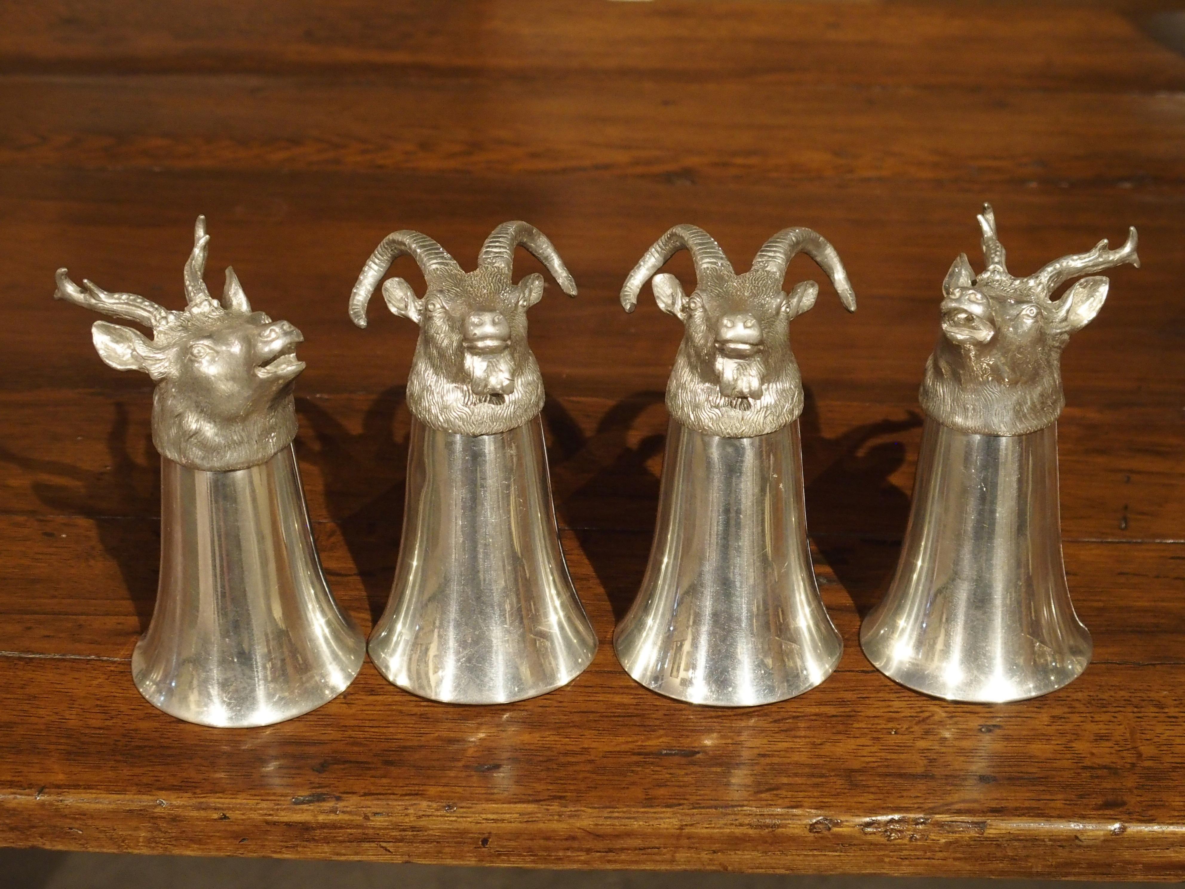 Set of 4 Polished Pewter Stag and Ibex Stirrup Cups with Ice Bucket 11