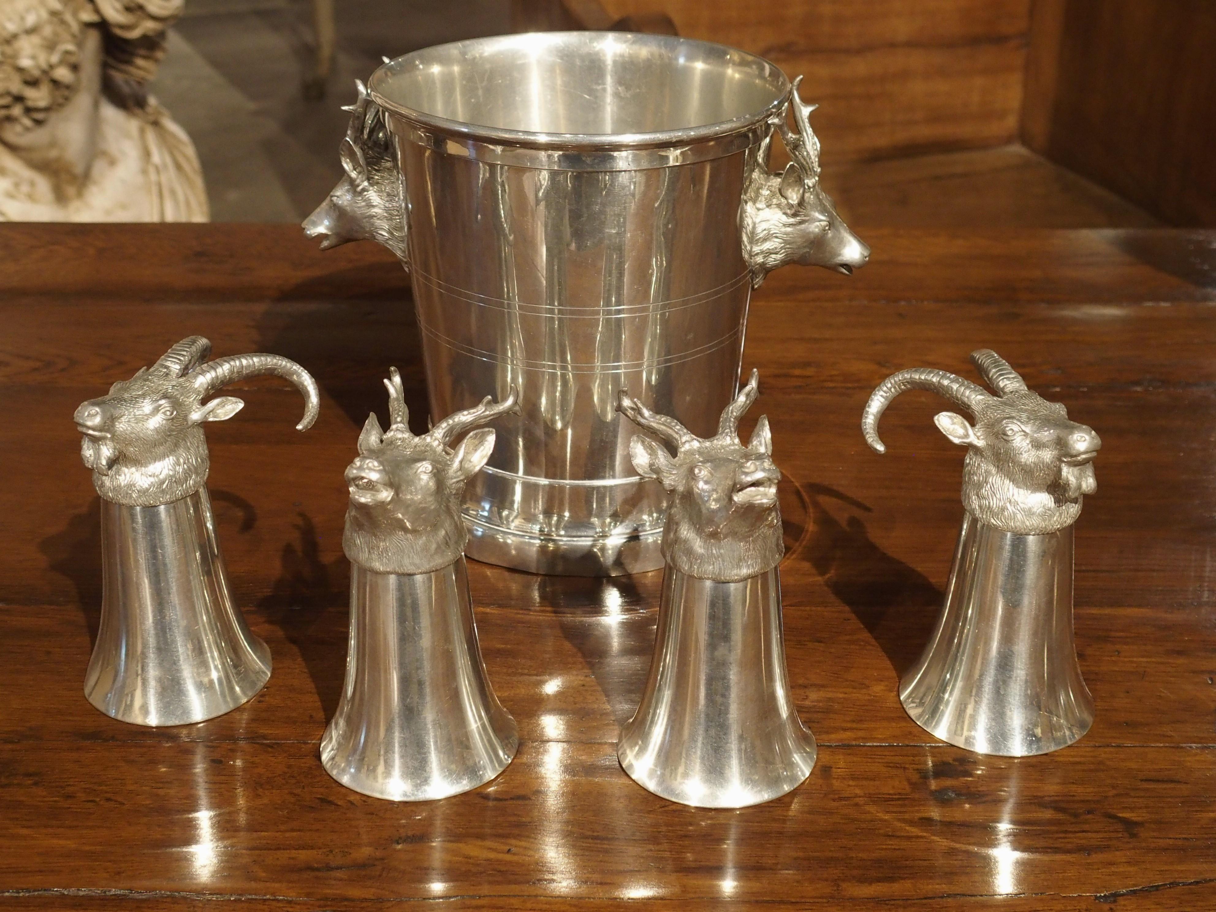Set of 4 Polished Pewter Stag and Ibex Stirrup Cups with Ice Bucket 15