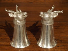 Set of 4 Polished Pewter Stag and Ibex Stirrup Cups with Ice Bucket