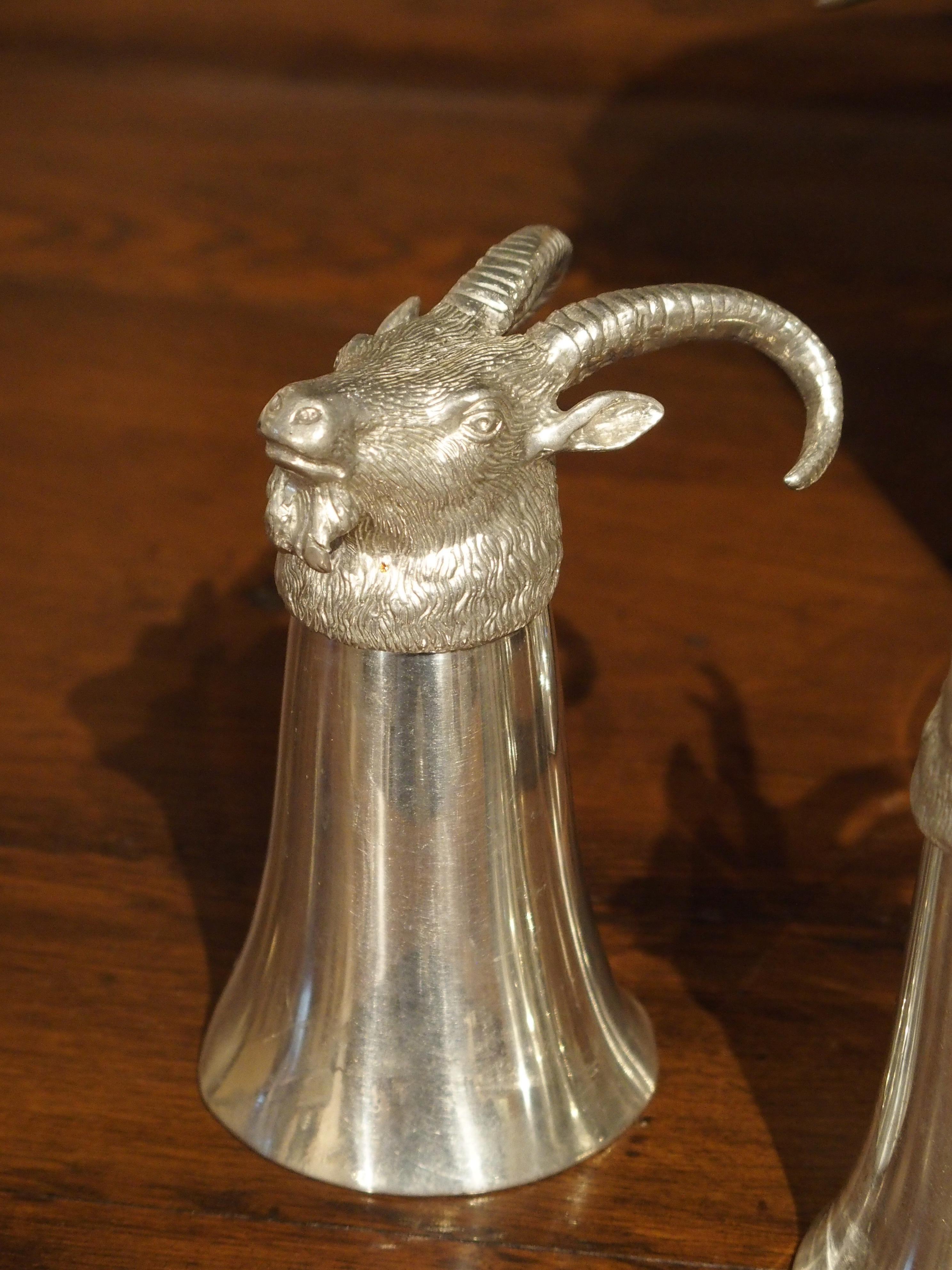 20th Century Set of 4 Polished Pewter Stag and Ibex Stirrup Cups with Ice Bucket