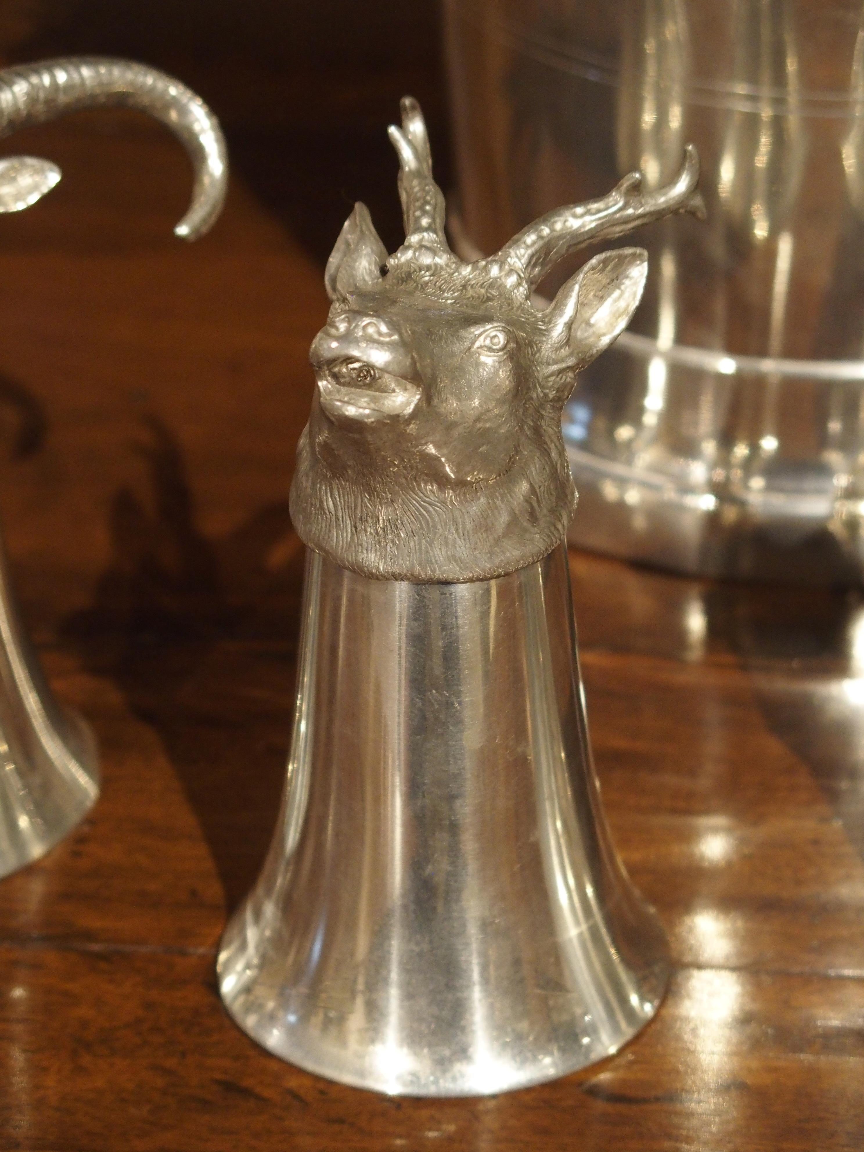 Set of 4 Polished Pewter Stag and Ibex Stirrup Cups with Ice Bucket In Good Condition In Dallas, TX