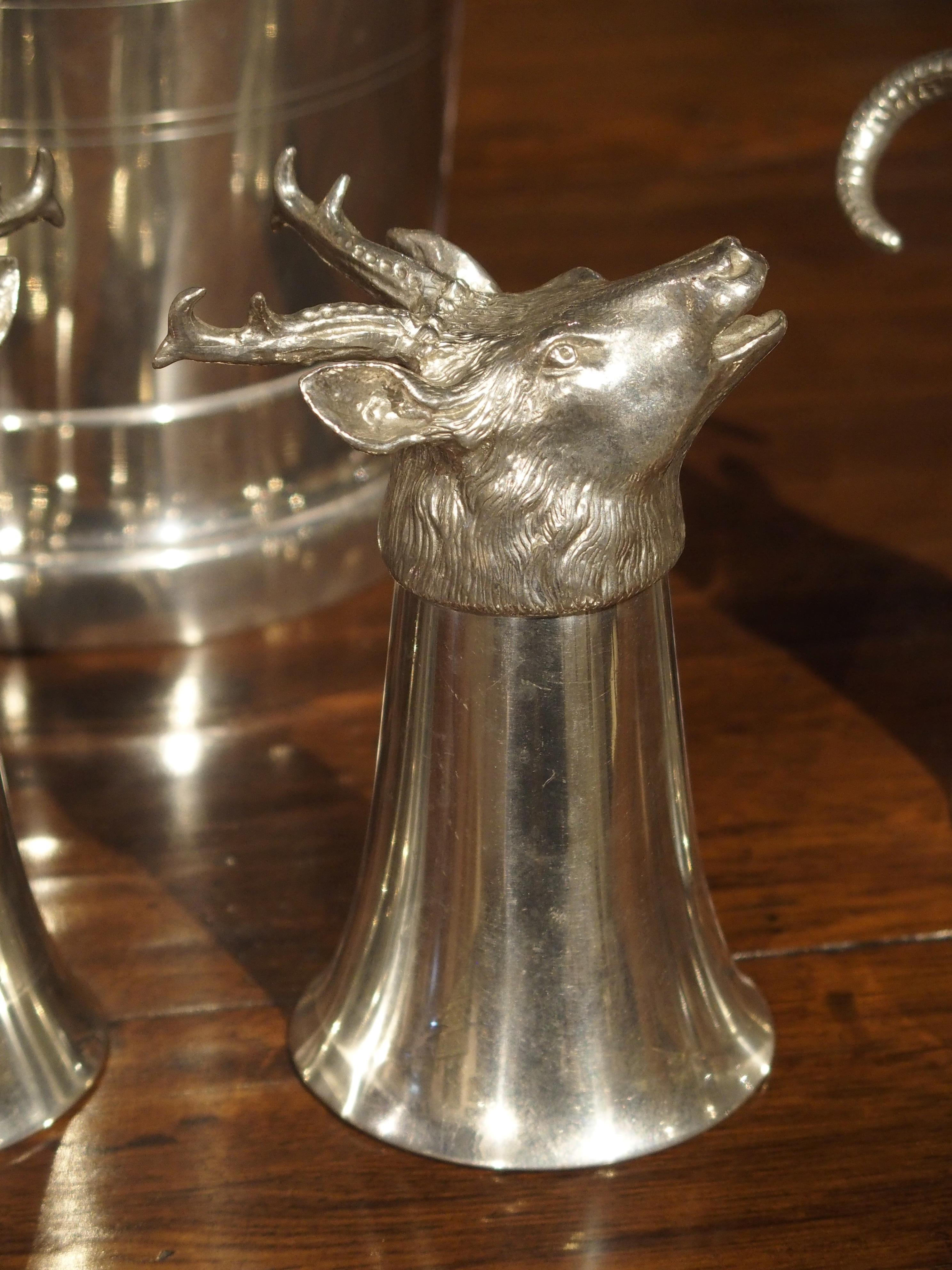 Set of 4 Polished Pewter Stag and Ibex Stirrup Cups with Ice Bucket 2