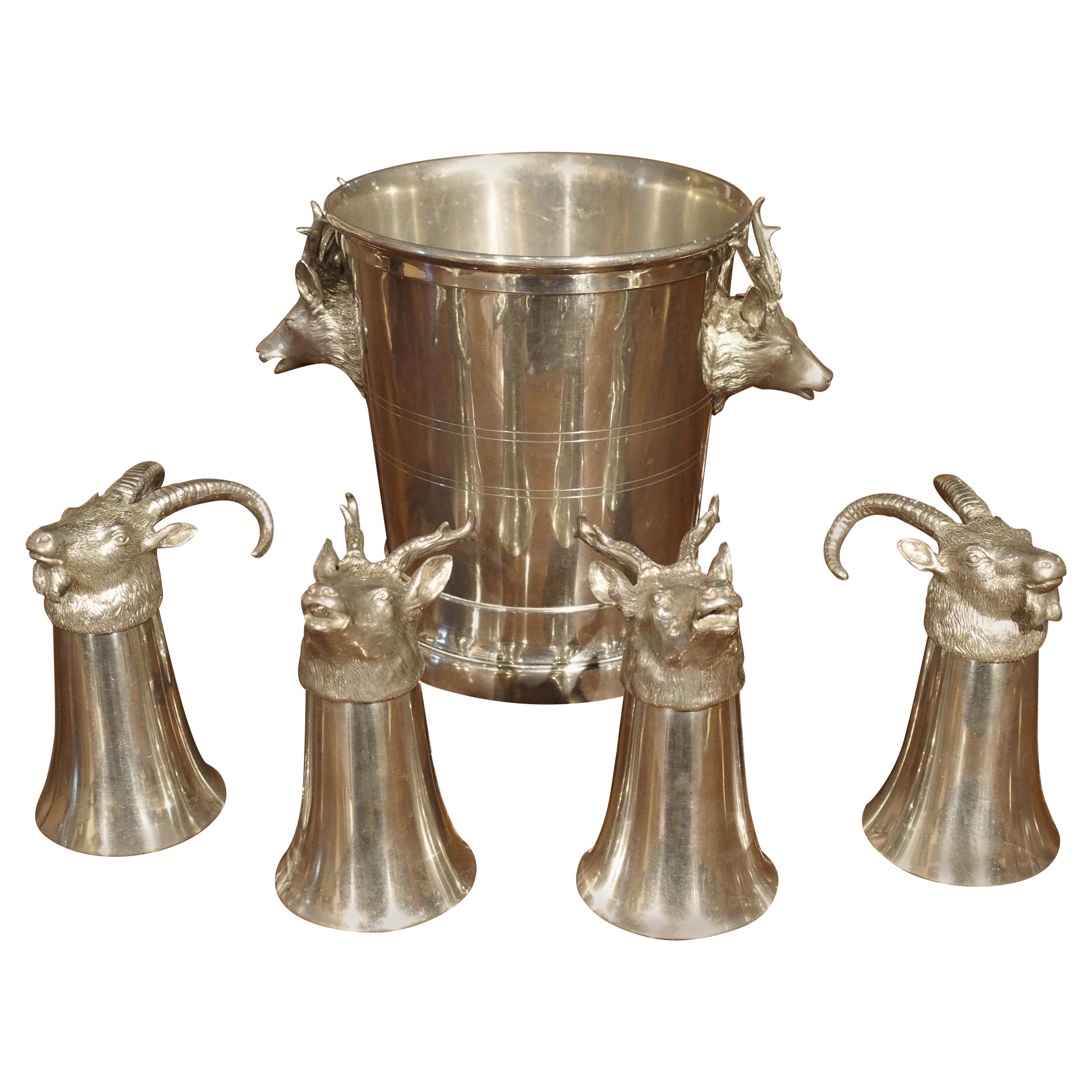 Set of 4 Polished Pewter Stag and Ibex Stirrup Cups with Ice Bucket