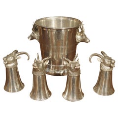 Retro Set of 4 Polished Pewter Stag and Ibex Stirrup Cups with Ice Bucket