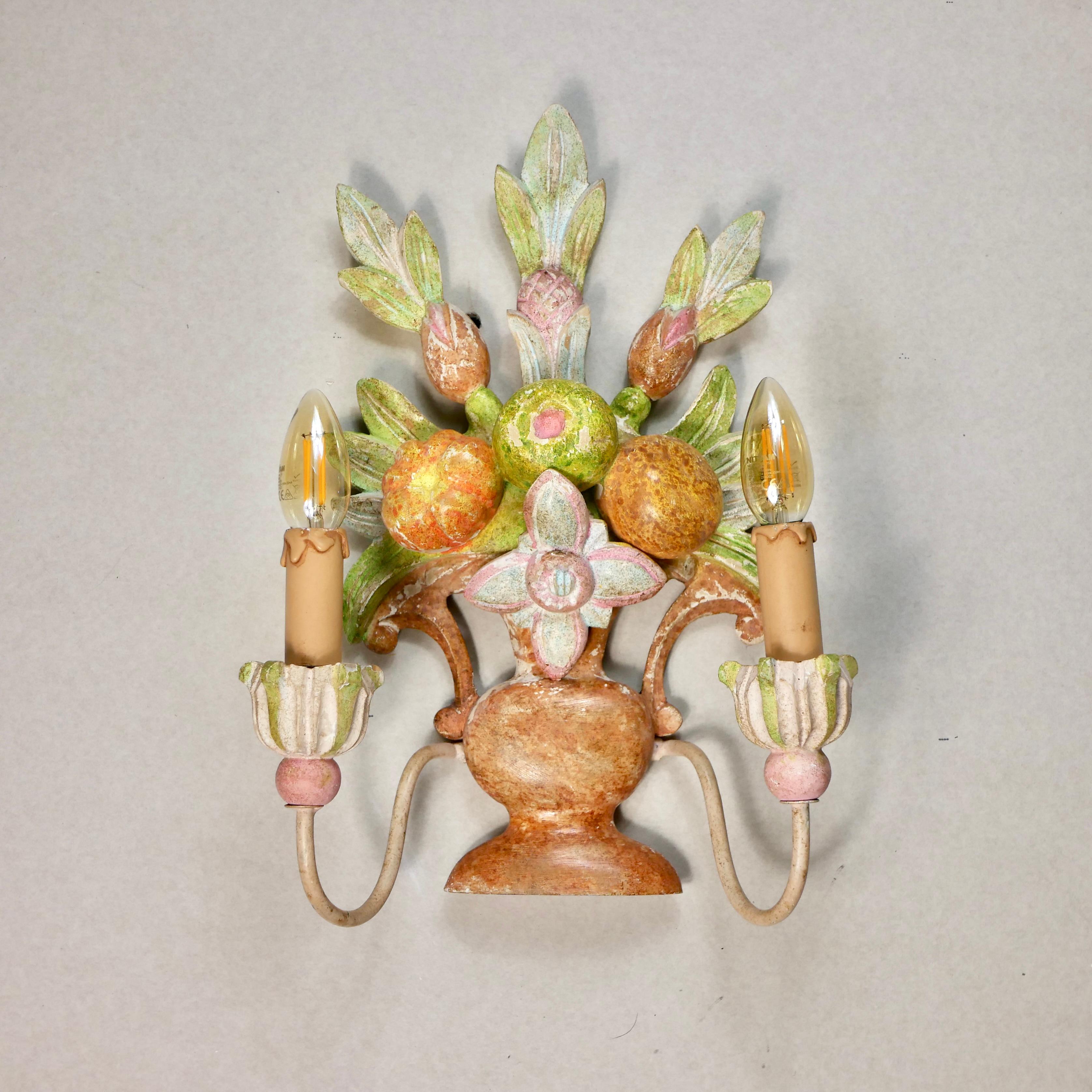 Metal Set of 4 polychrome carved wood sconces from Italy, 1920s For Sale