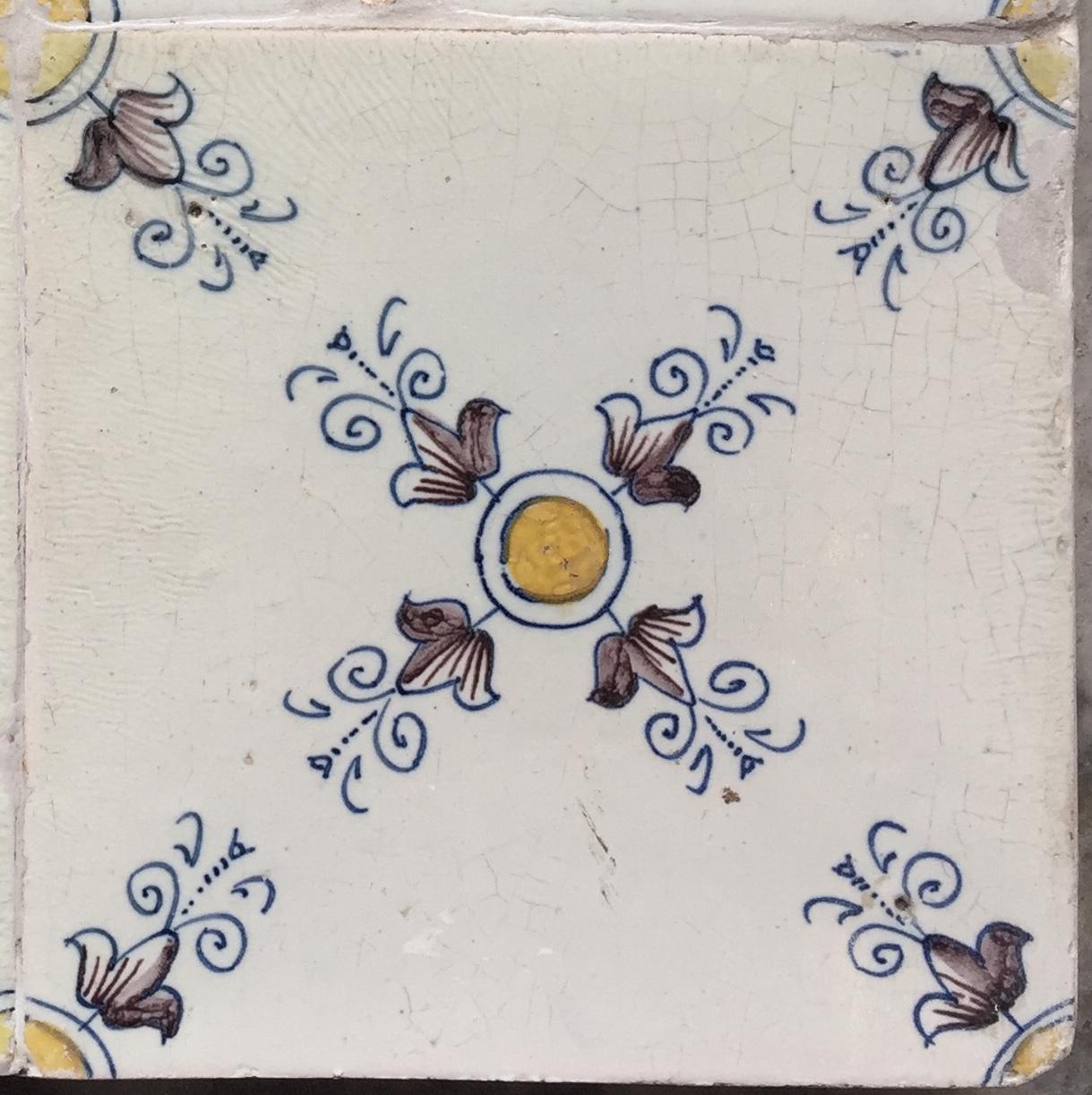17th Century Set of 4 Polychrome Dutch Delft Tiles with Ornamental Design For Sale
