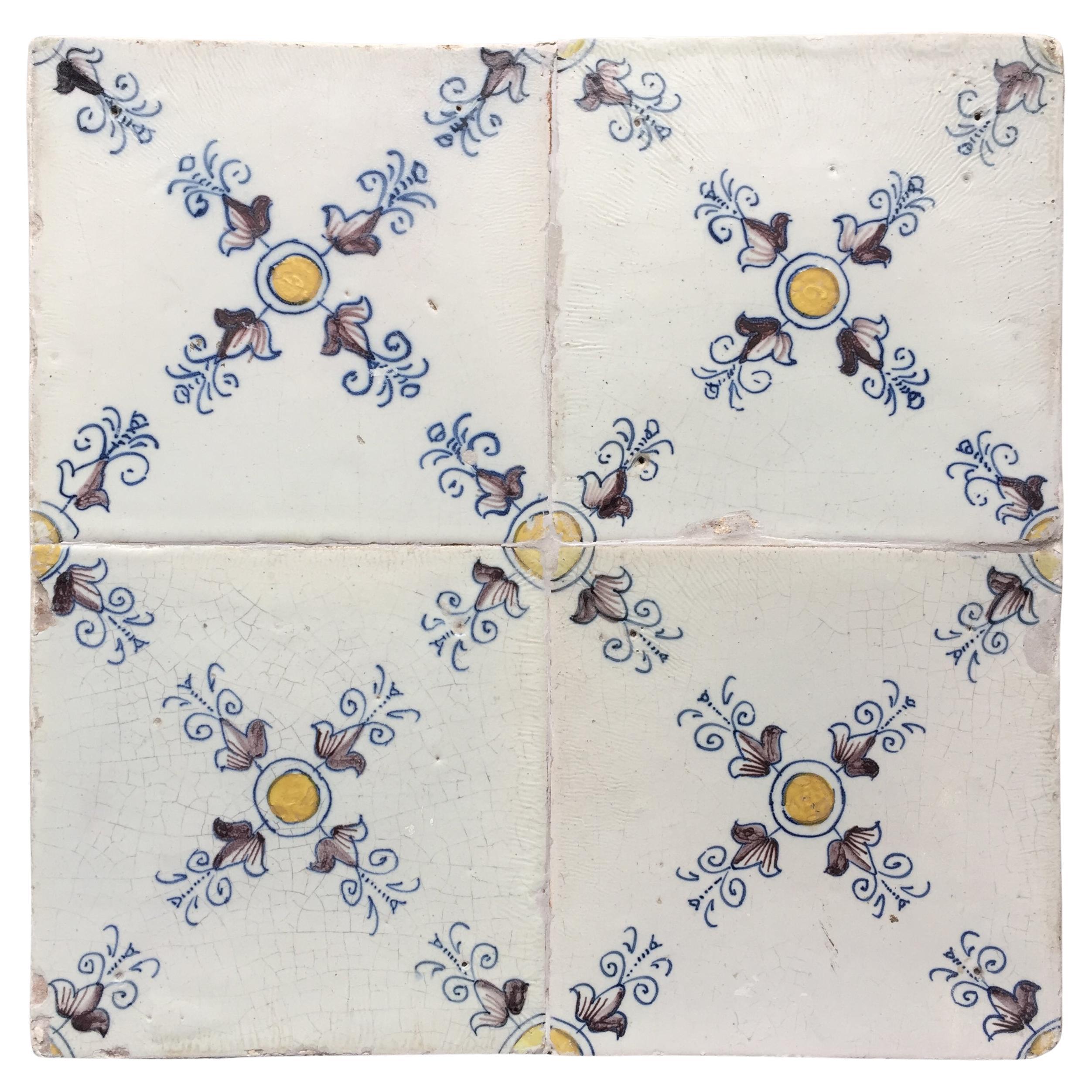 Set of 4 Polychrome Dutch Delft Tiles with Ornamental Design