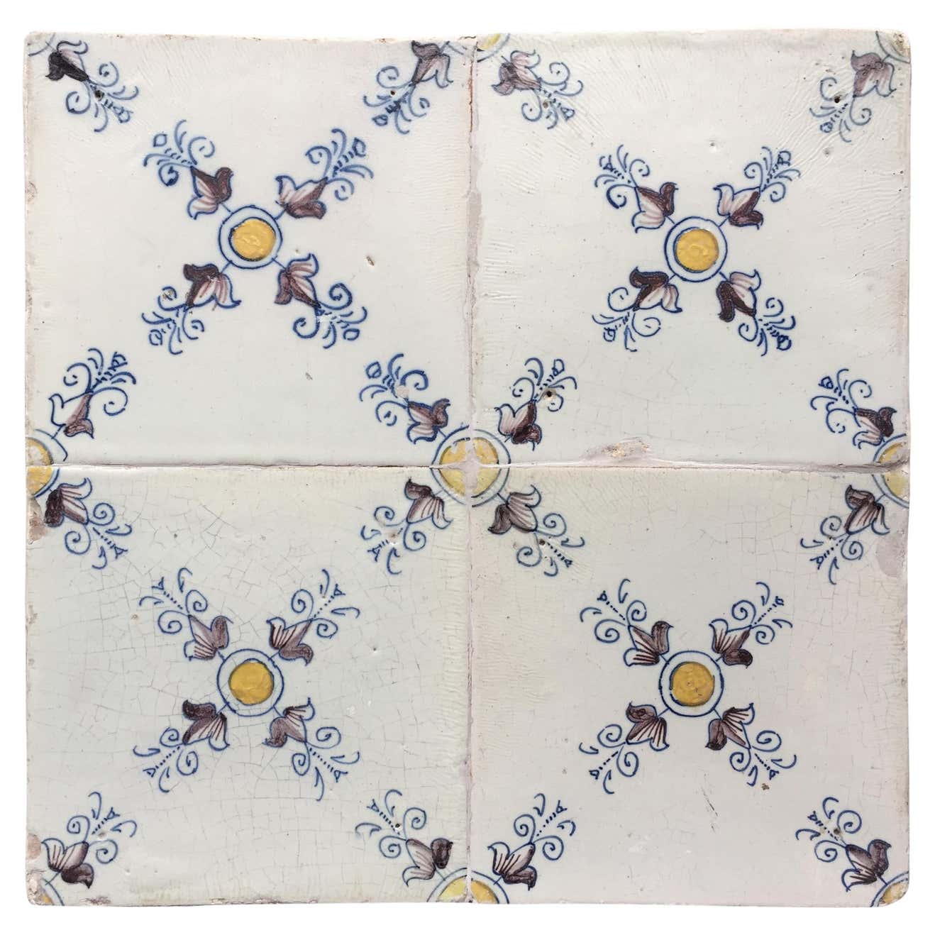 Polychrome Delft Set of 4 Polychrome Dutch Delft Tiles with Ornamental Design For Sale ...