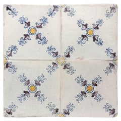 Antique Set of 4 Polychrome Dutch Delft Tiles with Ornamental Design
