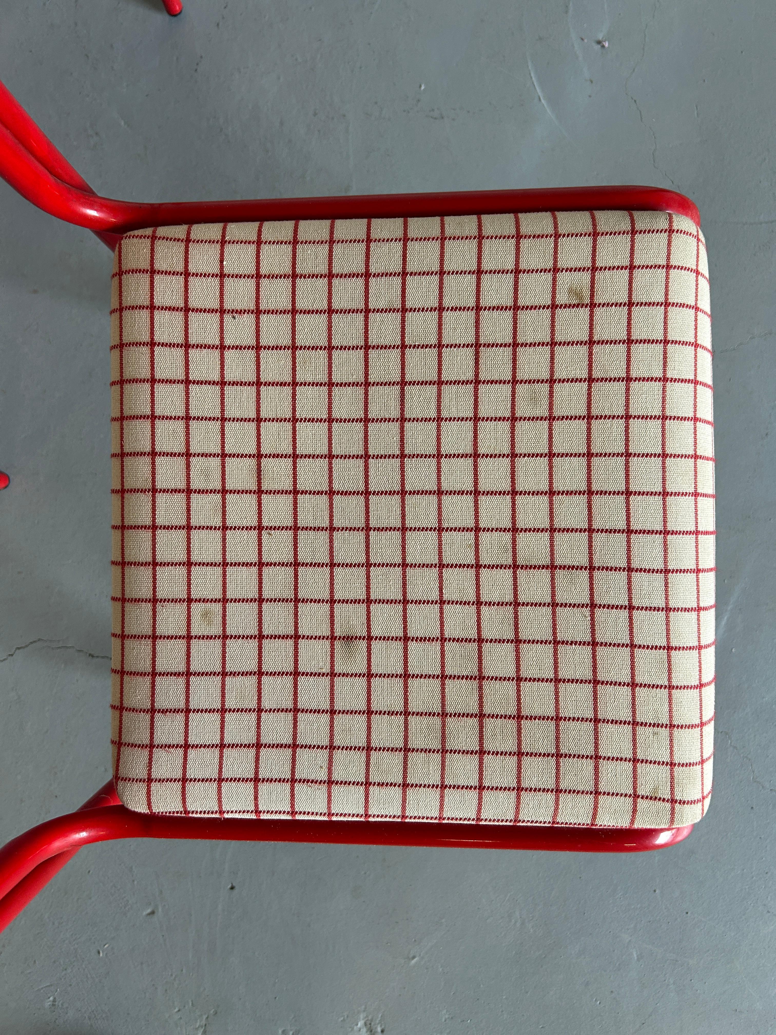 Set of 4 Pop-Art Syle Tubular Steel Checkered Red Upholstery Chairs, 80s Italy 4