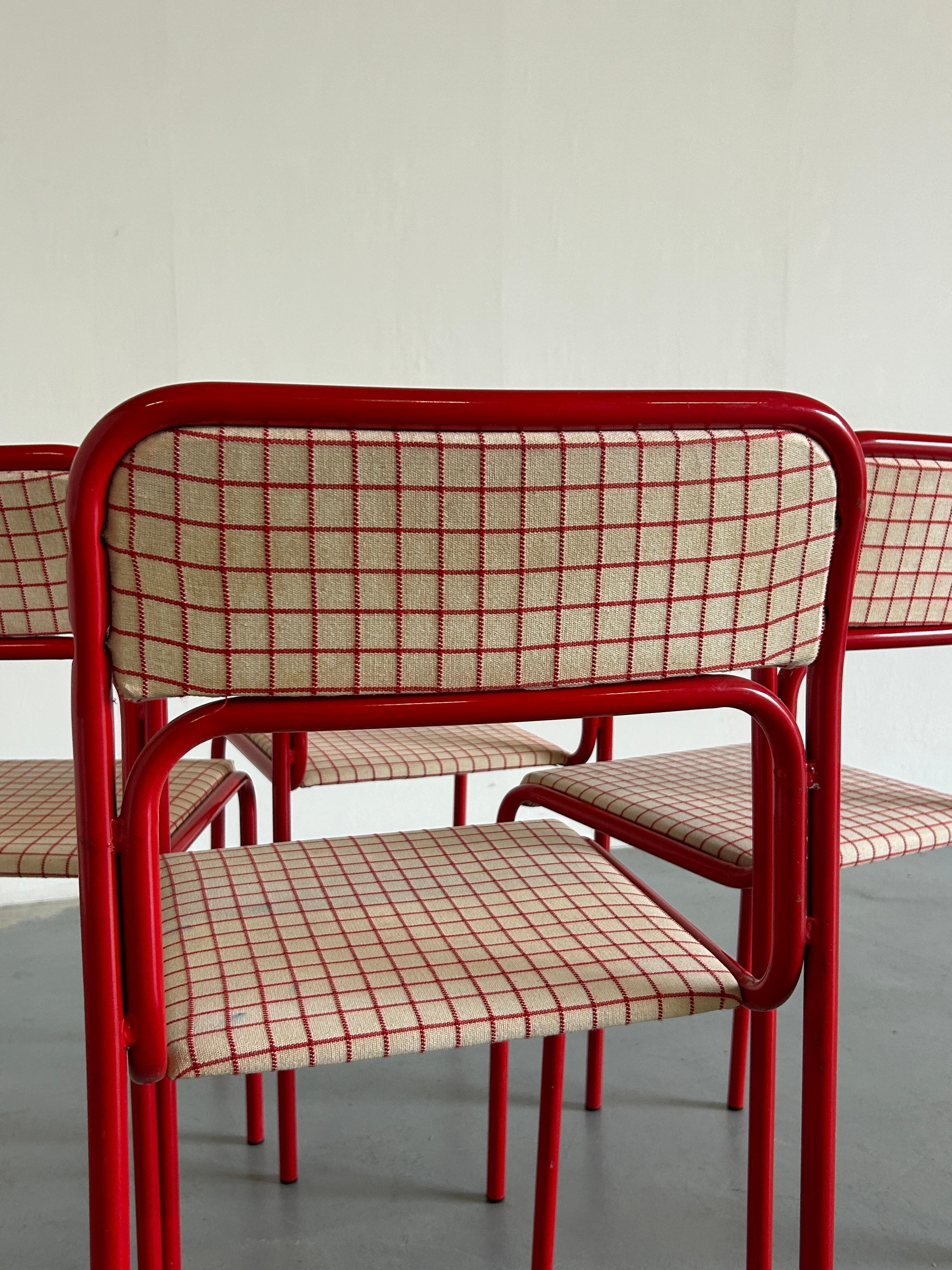 Set of 4 Pop-Art Syle Tubular Steel Checkered Red Upholstery Chairs, 80s Italy 5