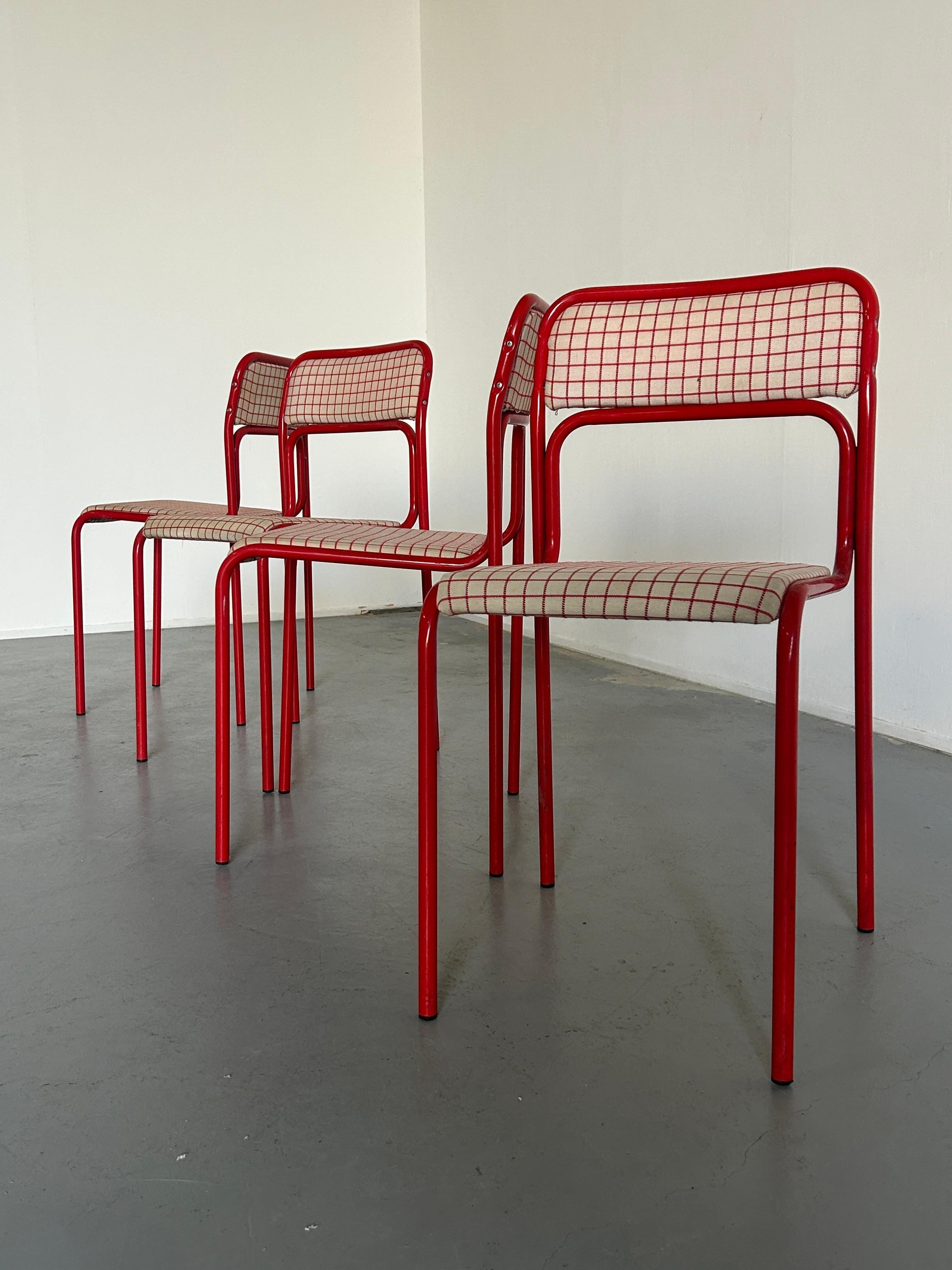 Set of 4 Pop-Art Syle Tubular Steel Checkered Red Upholstery Chairs, 80s Italy 1