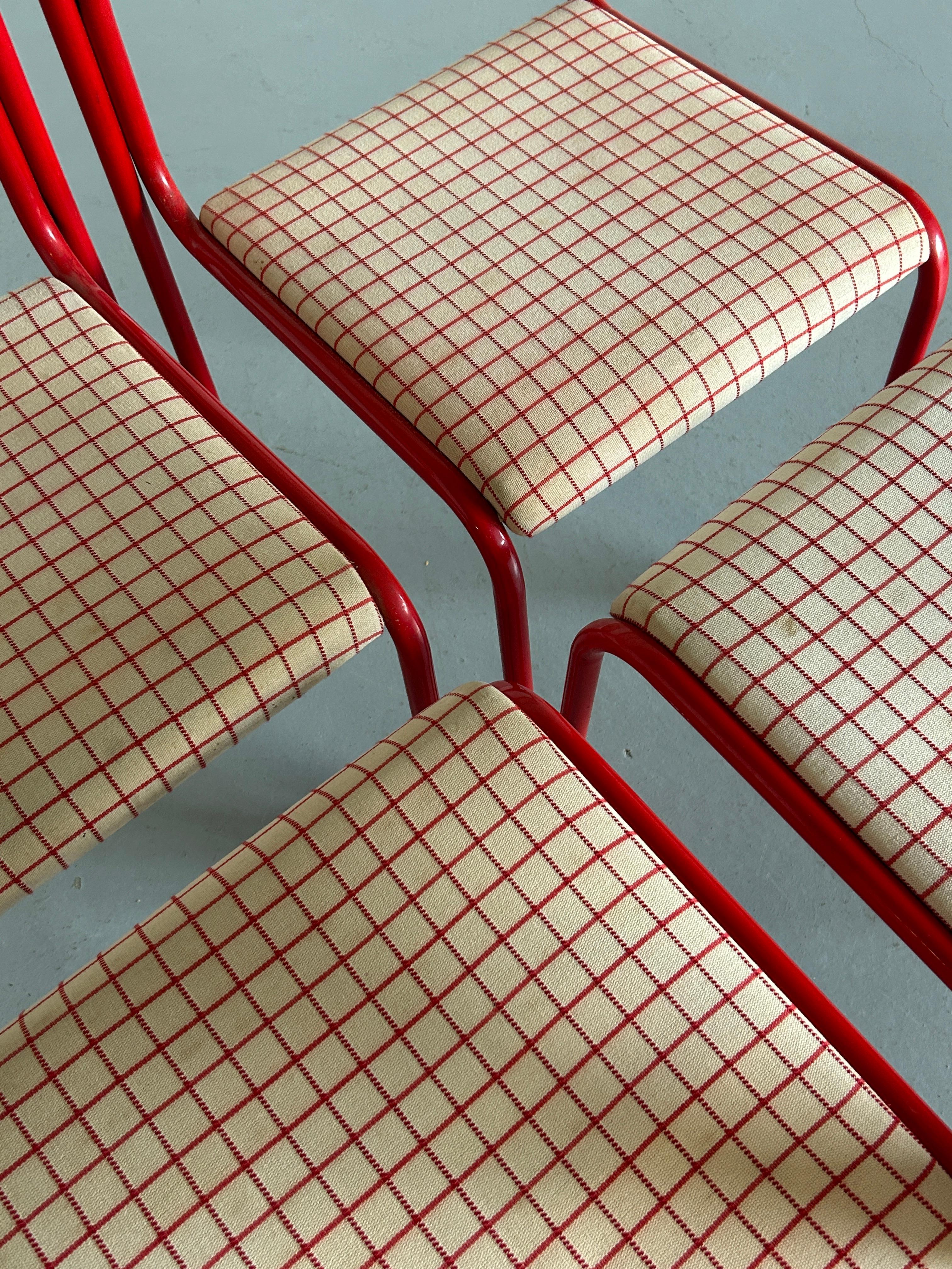 Set of 4 Pop-Art Syle Tubular Steel Checkered Red Upholstery Chairs, 80s Italy 2