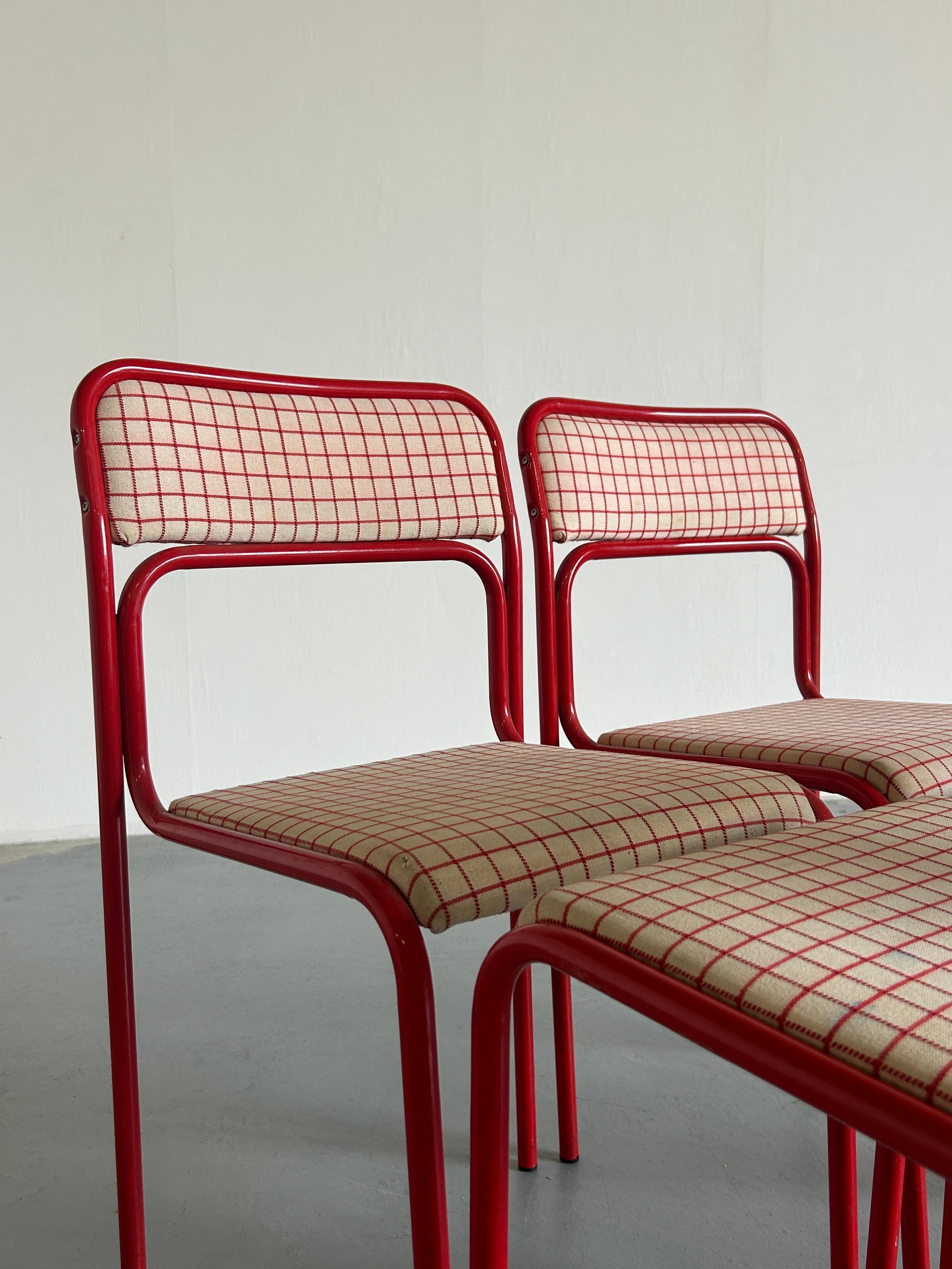 Set of 4 Pop-Art Syle Tubular Steel Checkered Red Upholstery Chairs, 80s Italy 3