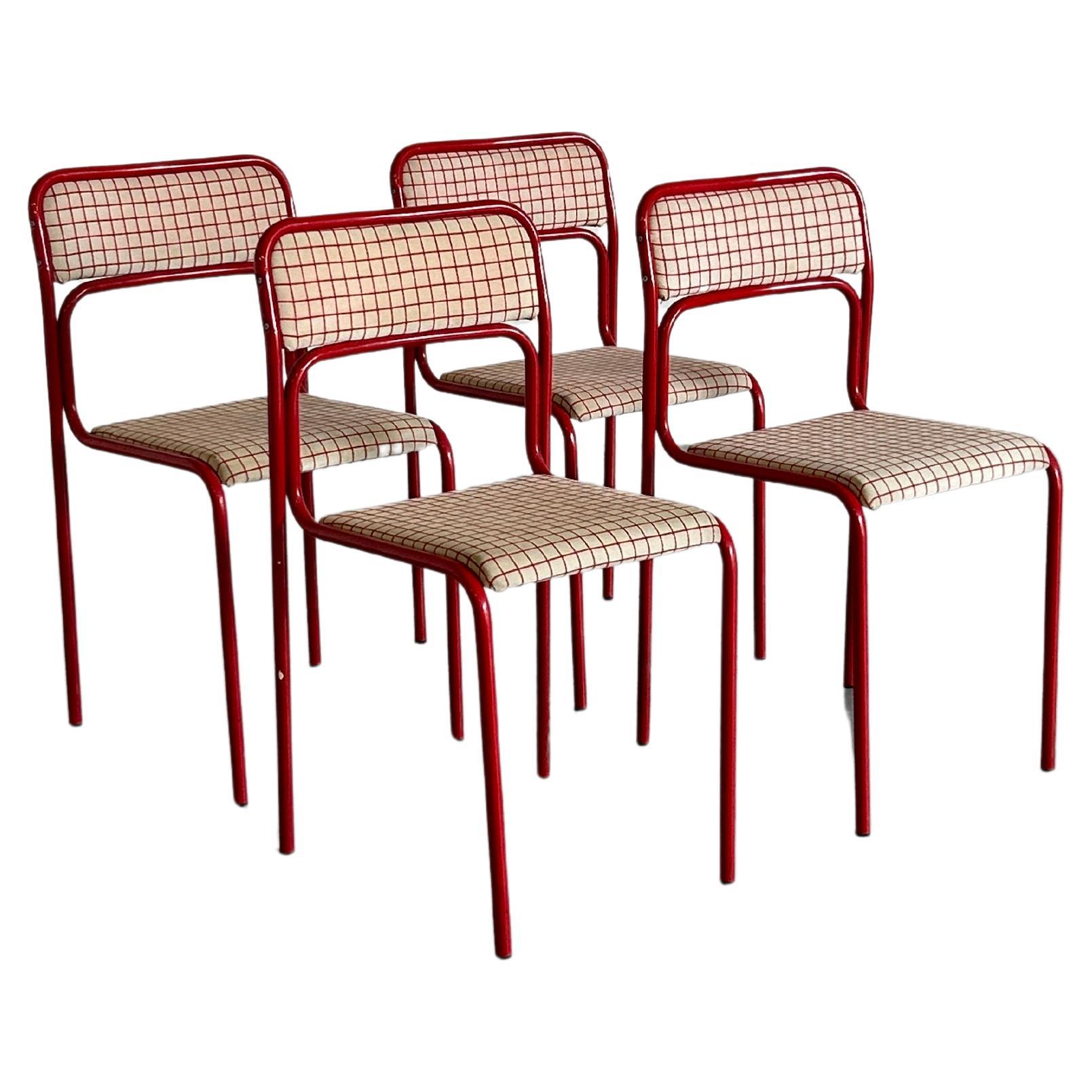 Set of 4 Pop-Art Syle Tubular Steel Checkered Red Upholstery Chairs, 80s Italy