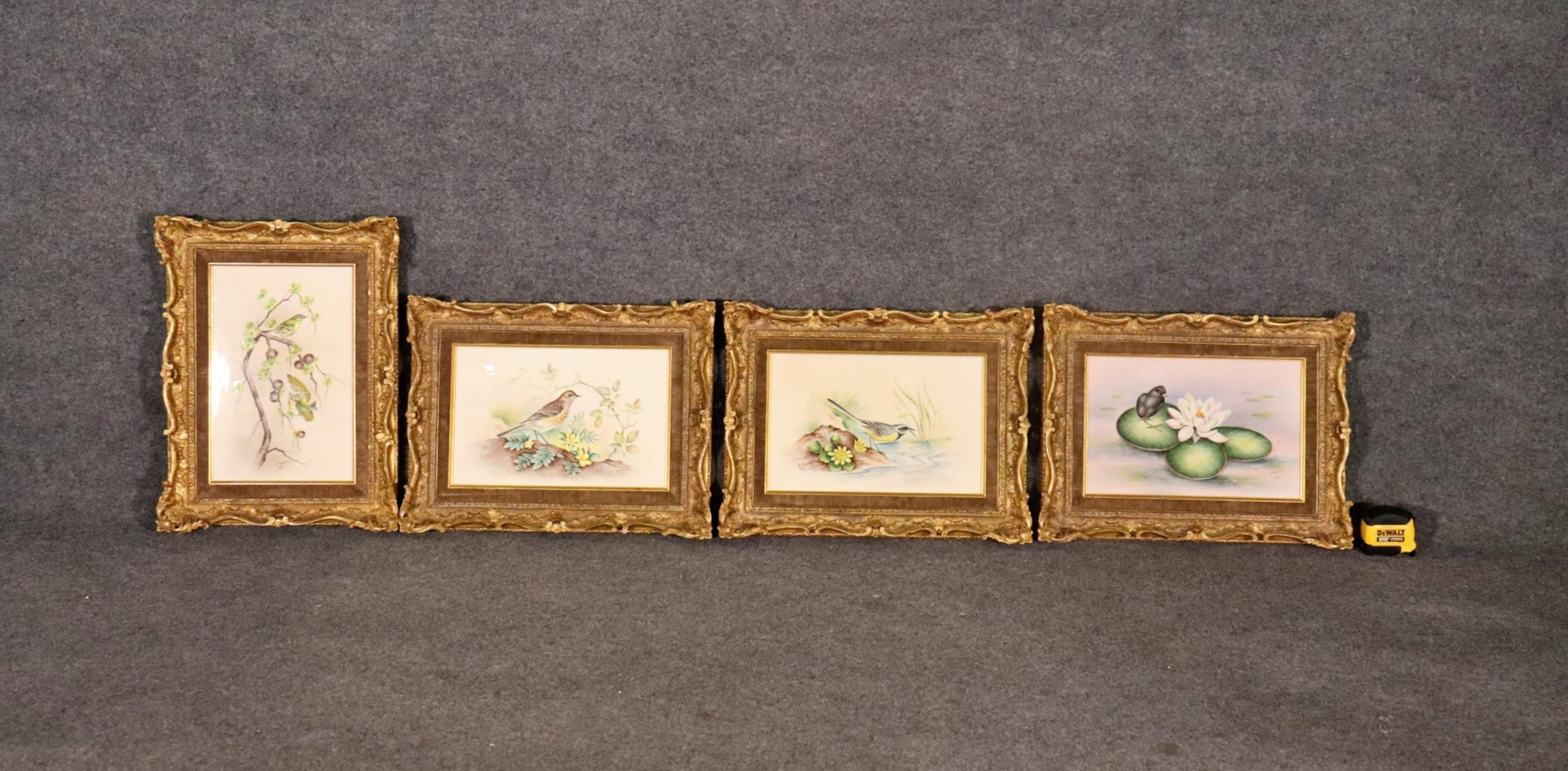 Signed E. Townsend and dated 1974. Number 5 (Goldcrests), 6 (Meadow Pipit), 7 (Grey Wagtail) and 8 (Moorhen Chick) of 15. From a limited edition of 25 sets. British bird subjects by the Worcester Royal Porcelain Co. LTD. Hand carved frame