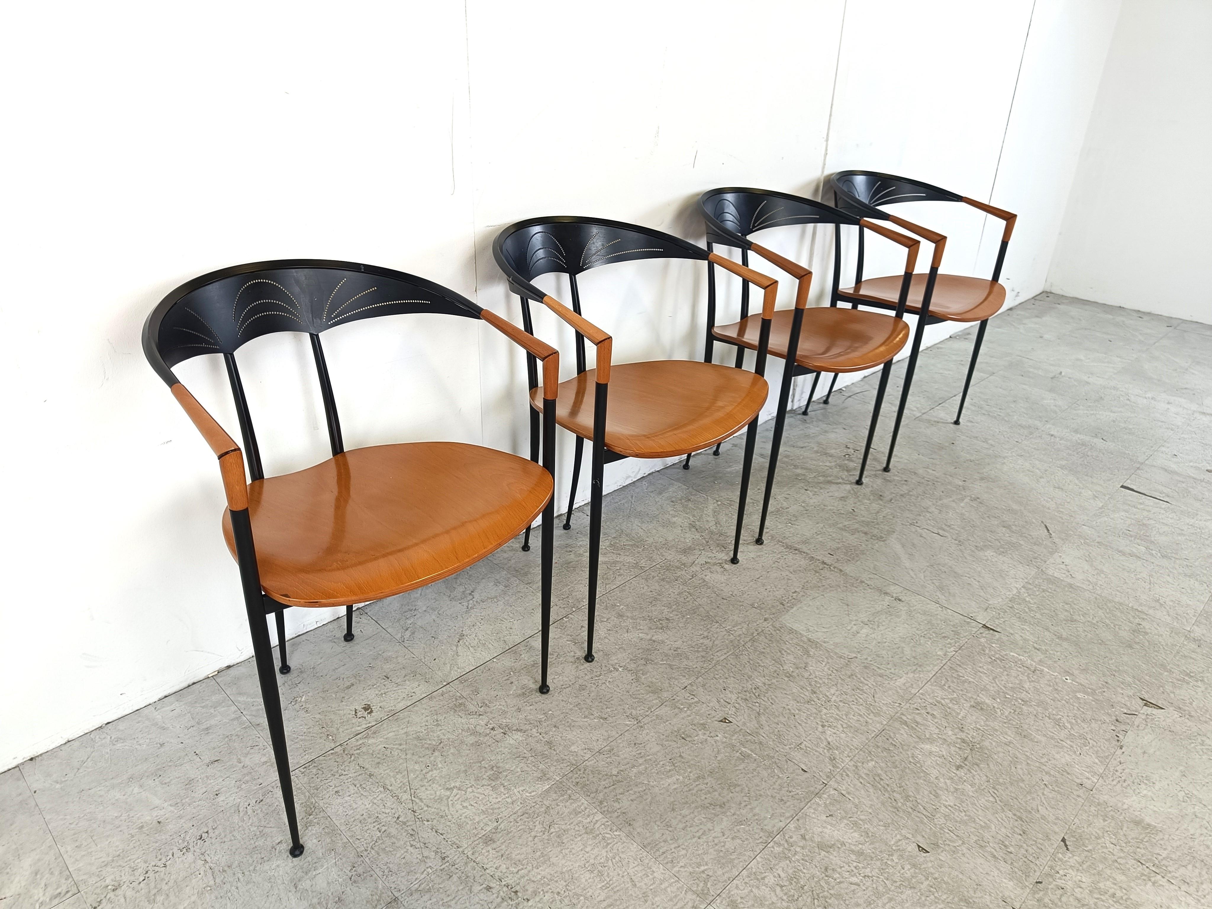 Wood Set of 4 post modern dining chairs by Tetide Italy - 1980s For Sale