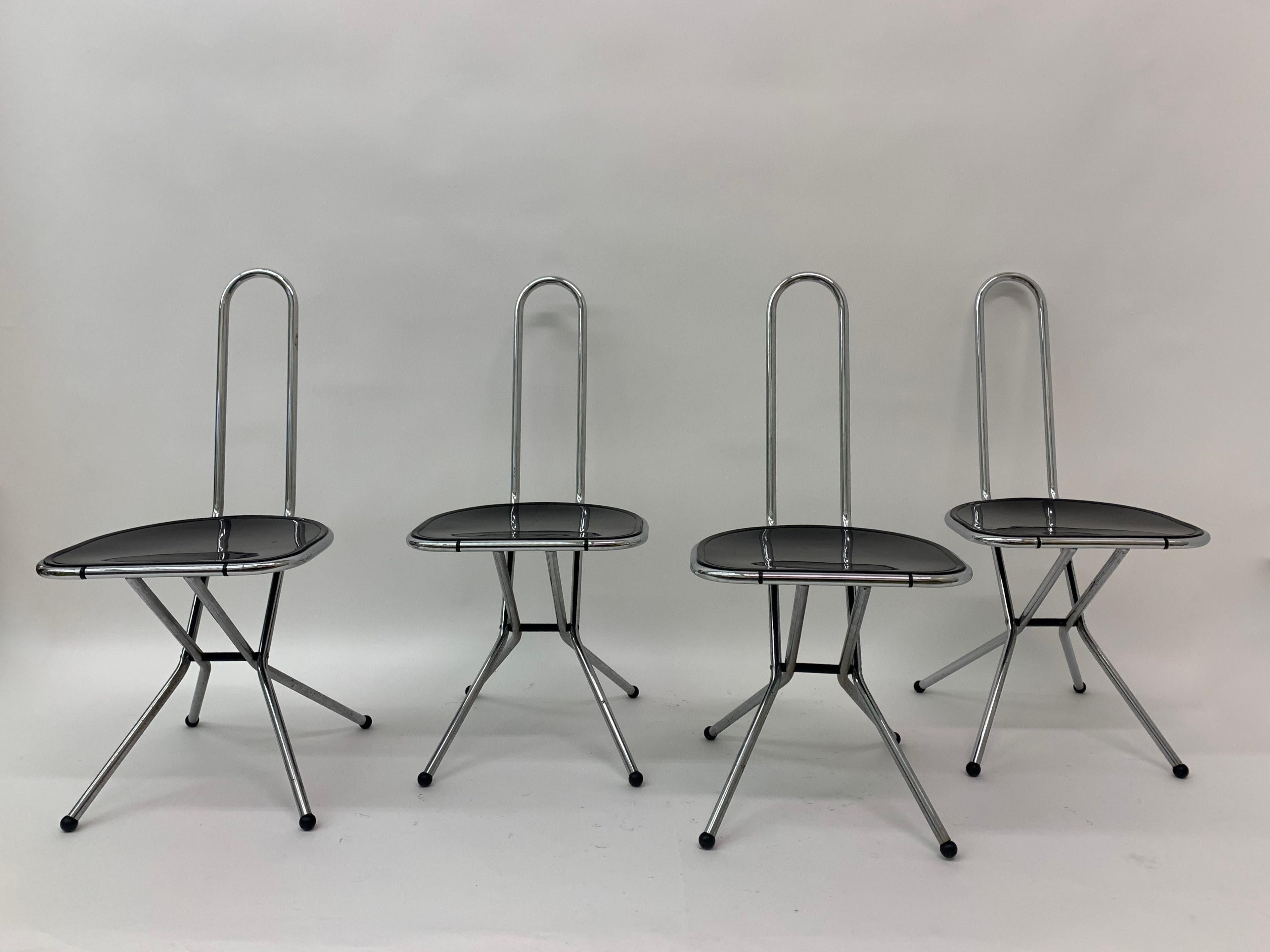 Dimensions: 40,5cmW, 45cmD, 43cm H seat, 86cm H total
Period: 1980’s
Condition: Good , Metal has corrosion and seats have scratches from use.
Material: Metal , plastic