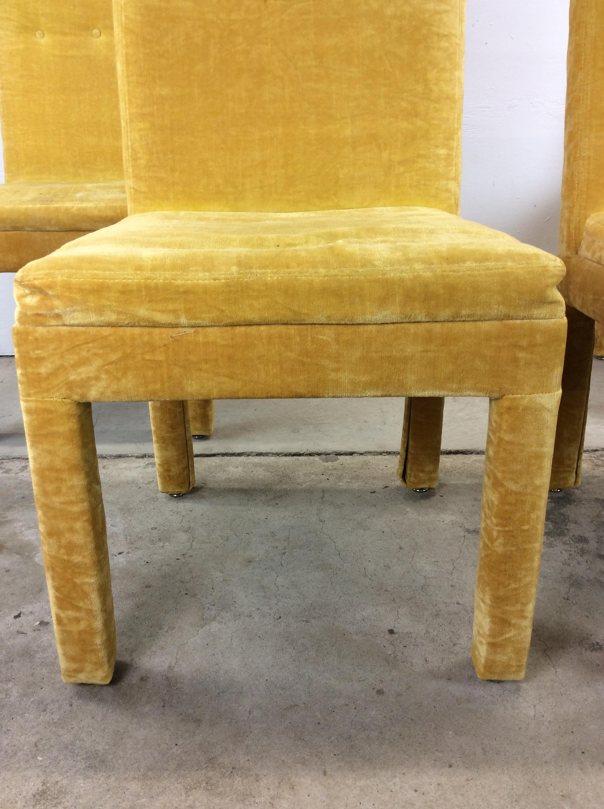 Upholstery Set of 4 Postmodern Parson's Style Dining Chairs in Yellow For Sale
