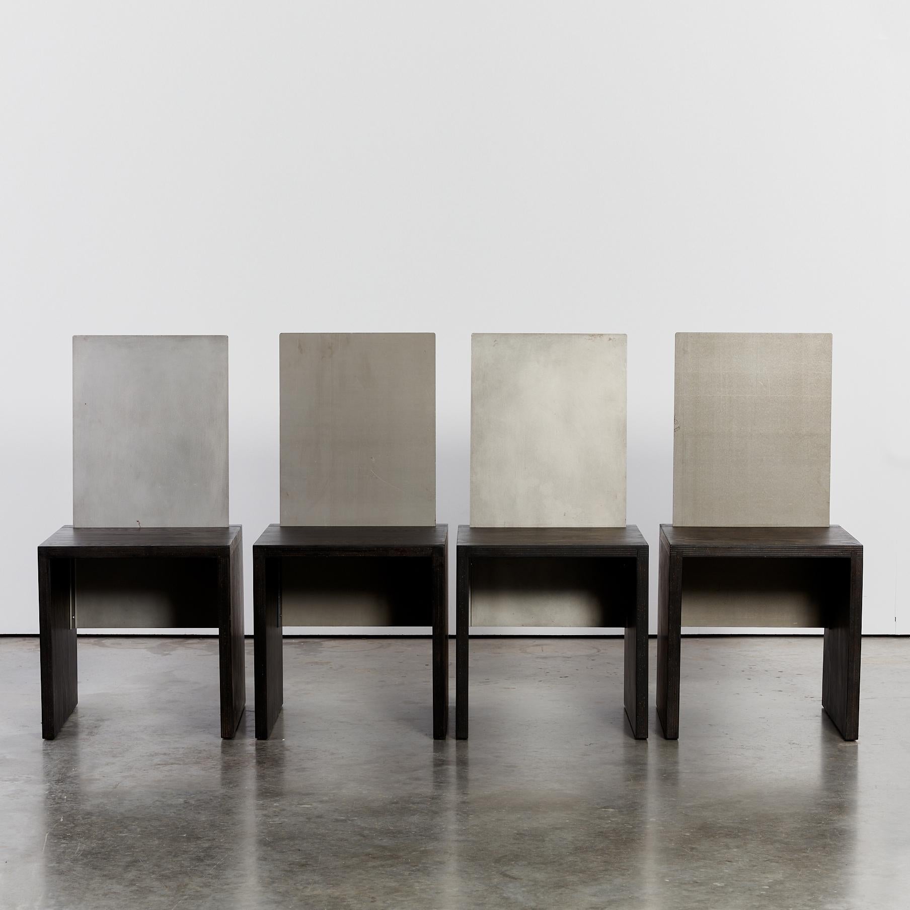 Steel Set of 4 postmodern steel and ebonised sculptural cube dining chairs For Sale