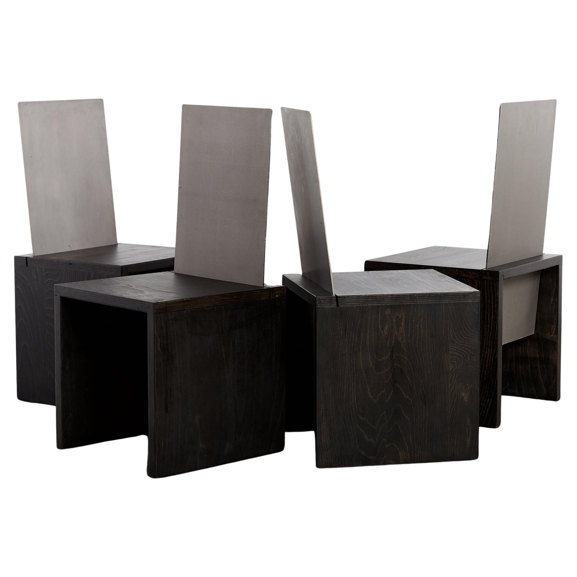 Set of 4 postmodern steel and ebonised sculptural cube dining chairs