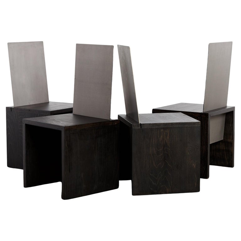 German Set of 4 steel and ebonized-wood cube dining chairs, 1990s