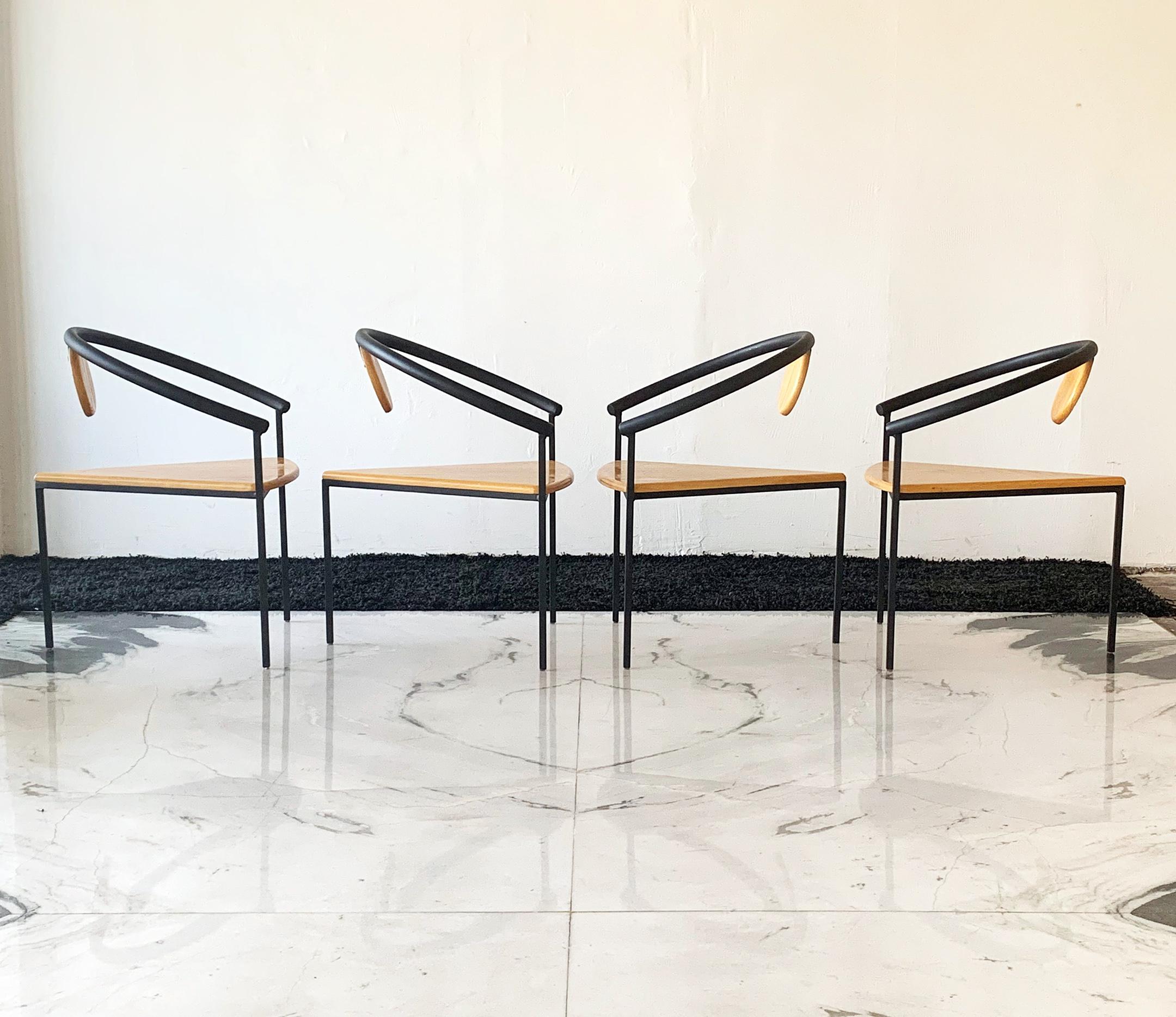 Powder-Coated Set of 4 Postmodern Three-Legged Dining Chairs 