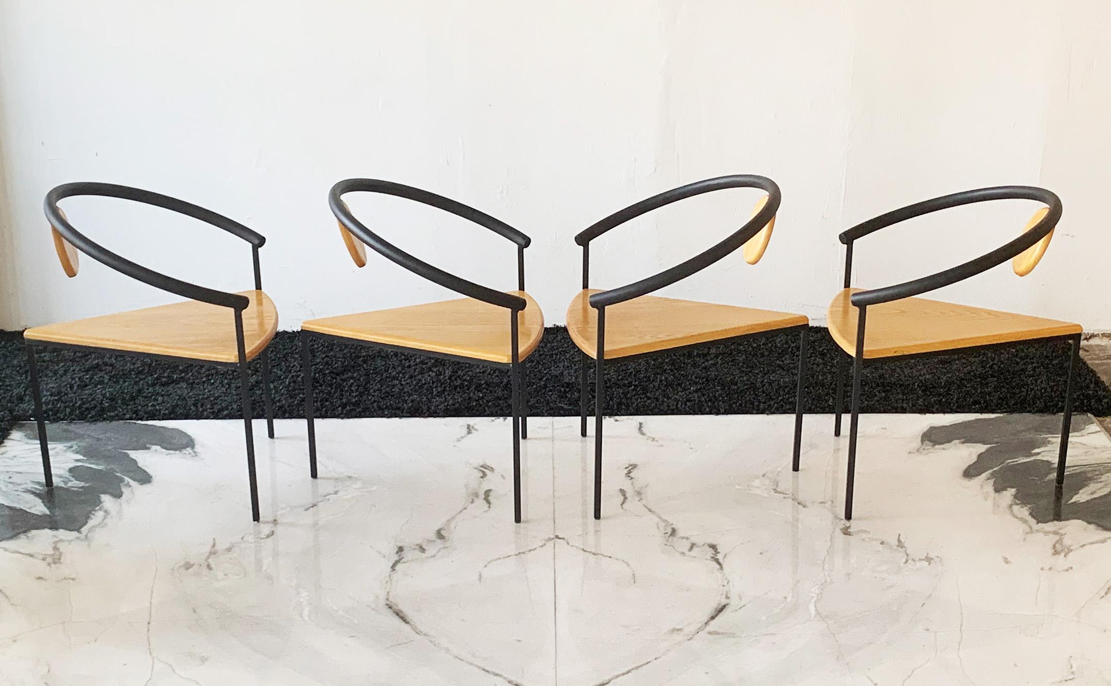 Set of 4 Postmodern Three-Legged Dining Chairs  In Good Condition In Culver City, CA